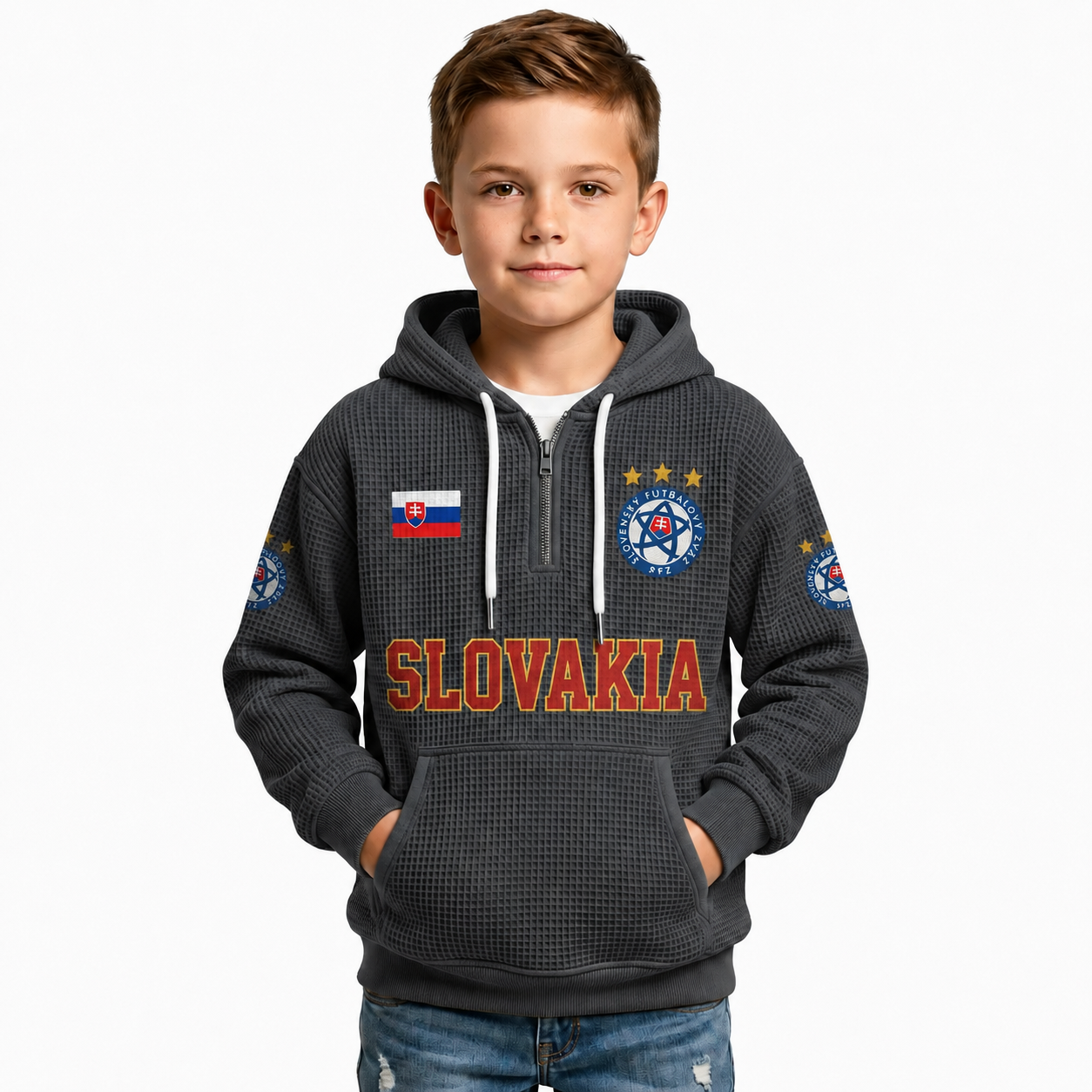 Slovakia Printed Waffle Quarter Zip Football Fan Hoodie For Kids