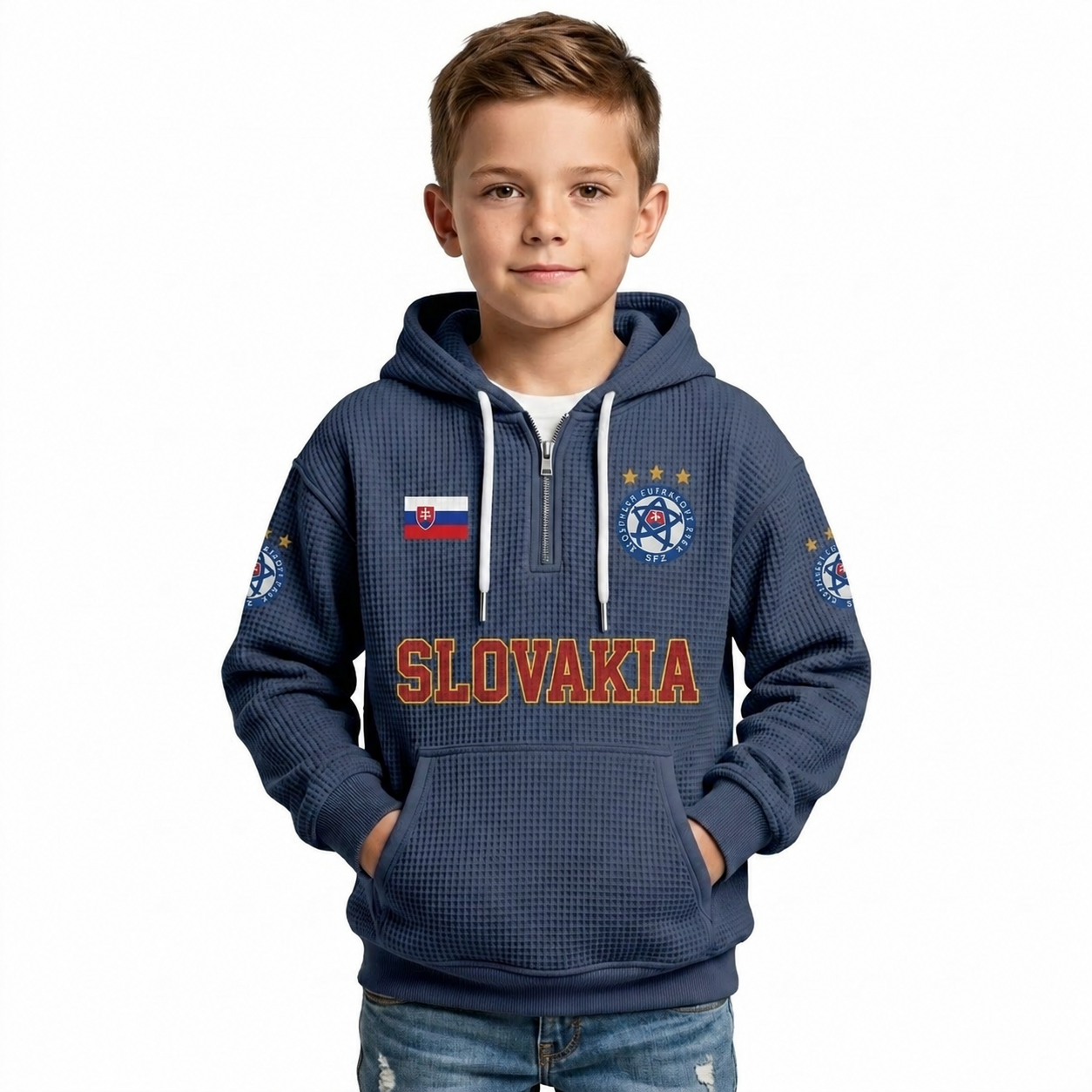 Slovakia Printed Waffle Quarter Zip Football Fan Hoodie For Kids