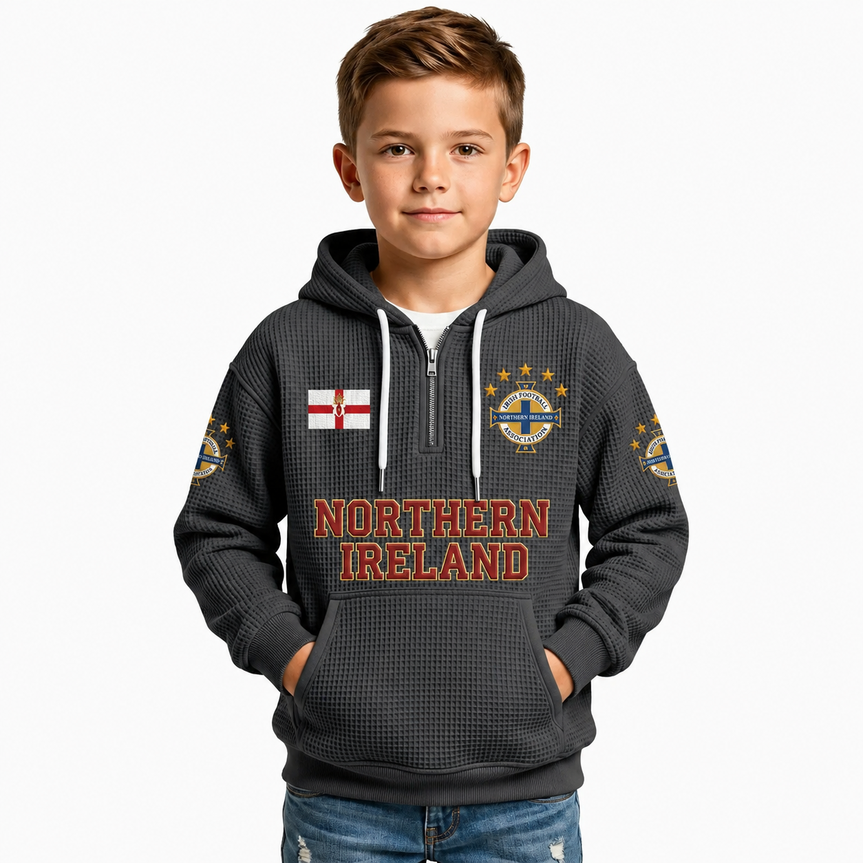 Northern Ireland Printed Waffle Quarter Zip Football Fan Hoodie For Kids
