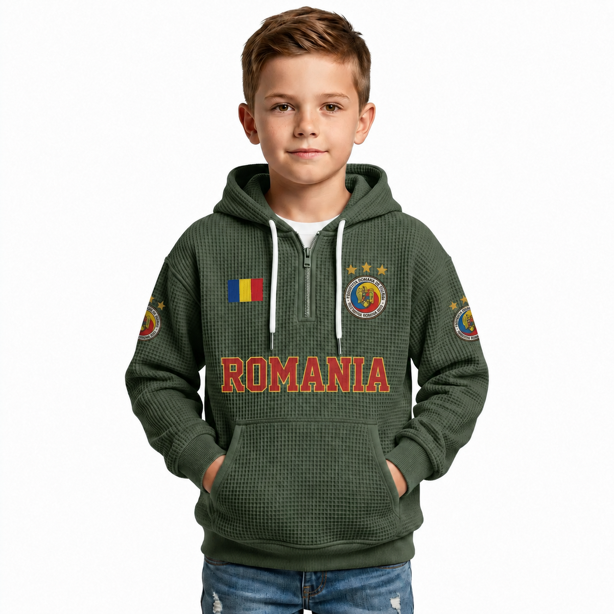 Romania Printed Waffle Quarter Zip Football Fan Hoodie For Kids