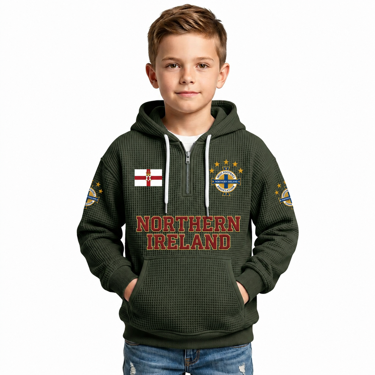 Northern Ireland Printed Waffle Quarter Zip Football Fan Hoodie For Kids