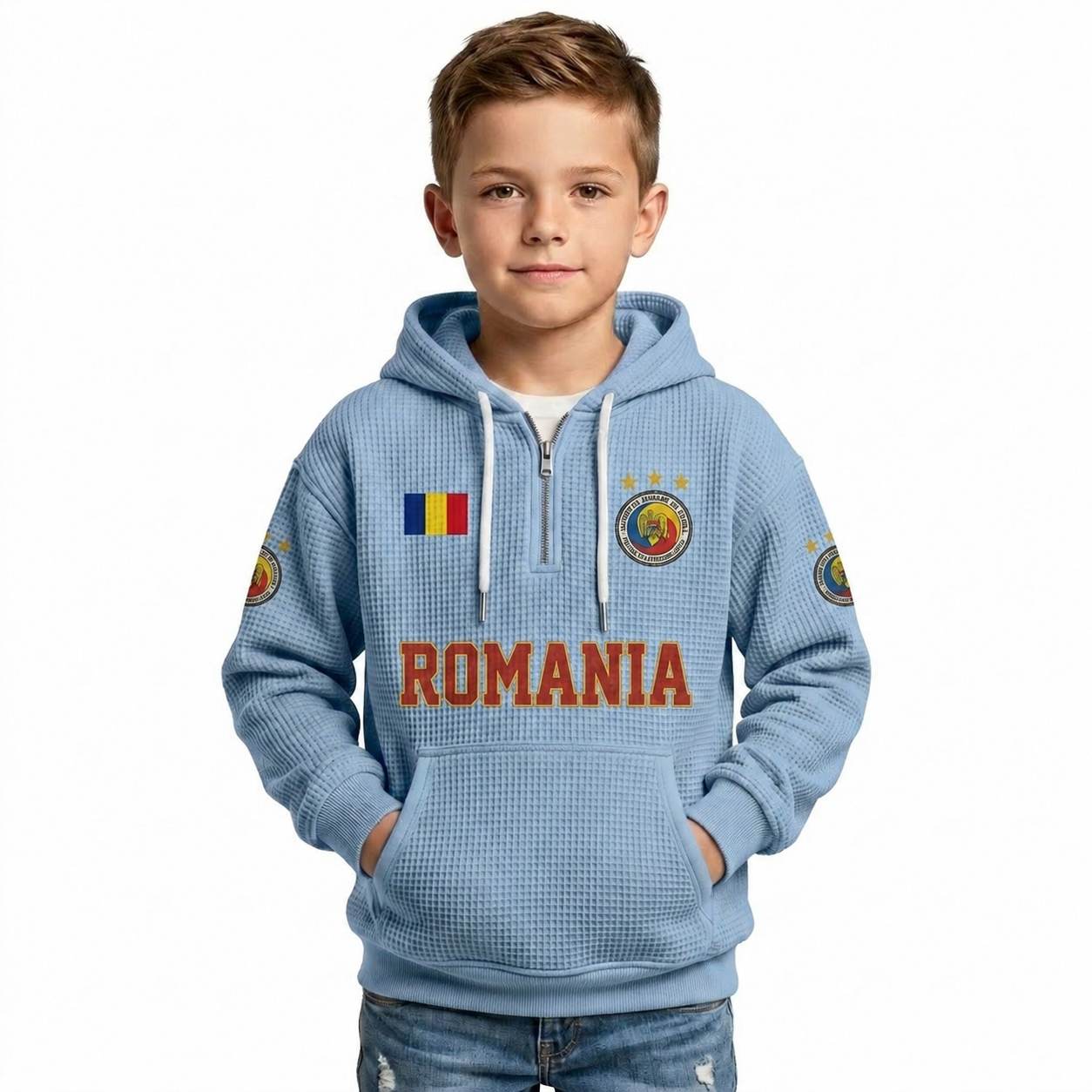 Romania Printed Waffle Quarter Zip Football Fan Hoodie For Kids