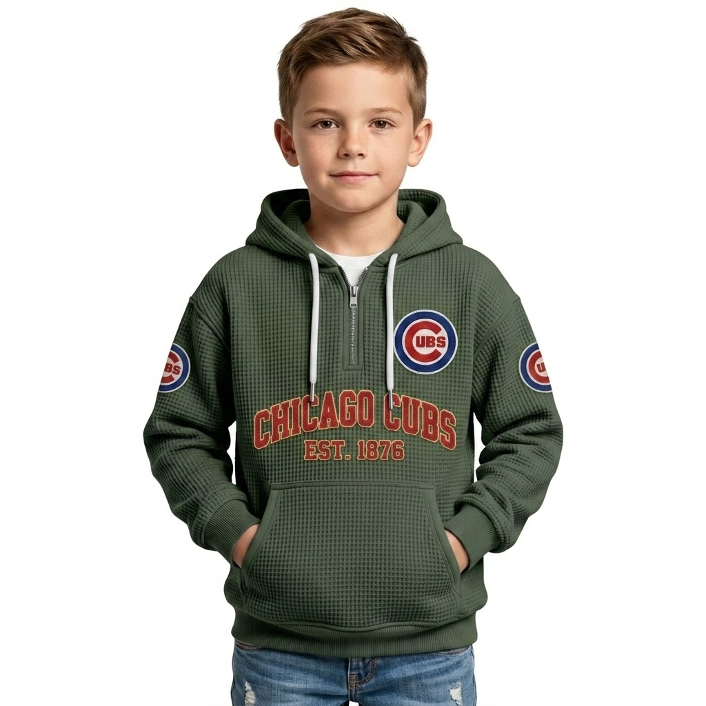 Chicago Cubs EST 1876 Printed Waffle Quarter Zip Baseball Fan Hoodie For Kids