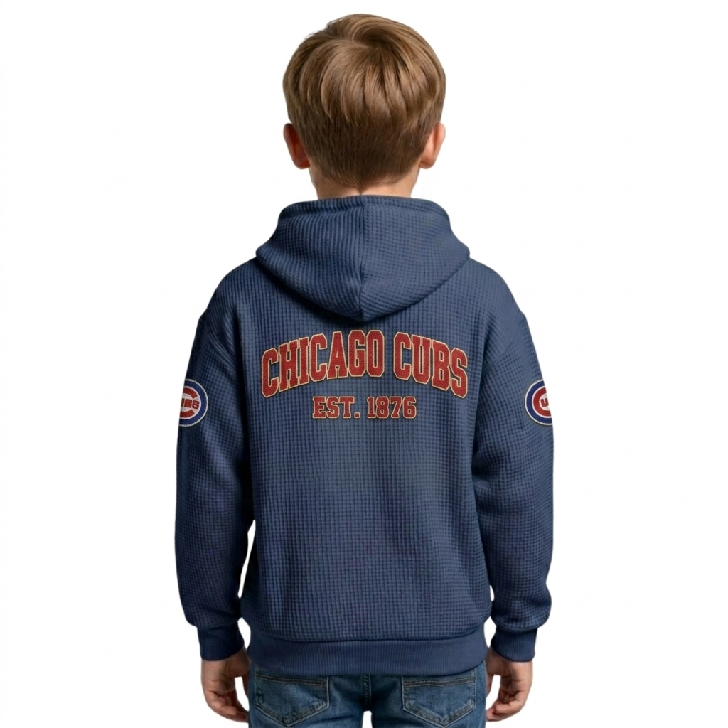 Chicago Cubs EST 1876 Printed Waffle Quarter Zip Baseball Fan Hoodie For Kids