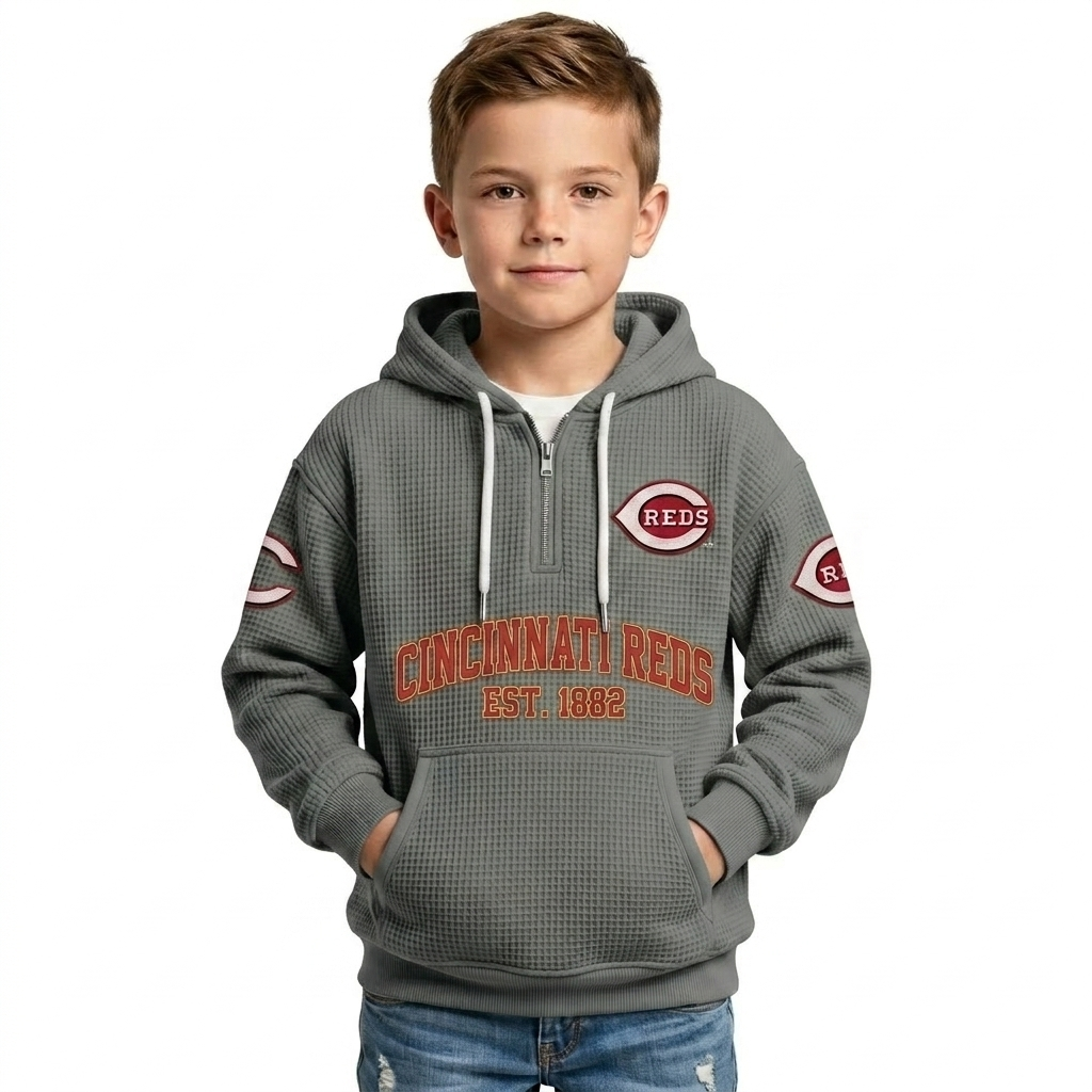 Cincinnati Reds EST 1882 Printed Waffle Quarter Zip Baseball Fan Hoodie For Kids