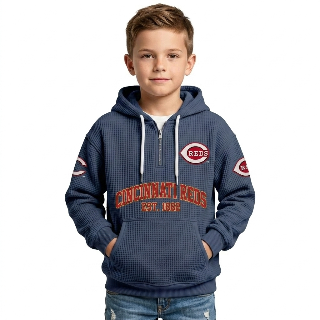 Cincinnati Reds EST 1882 Printed Waffle Quarter Zip Baseball Fan Hoodie For Kids
