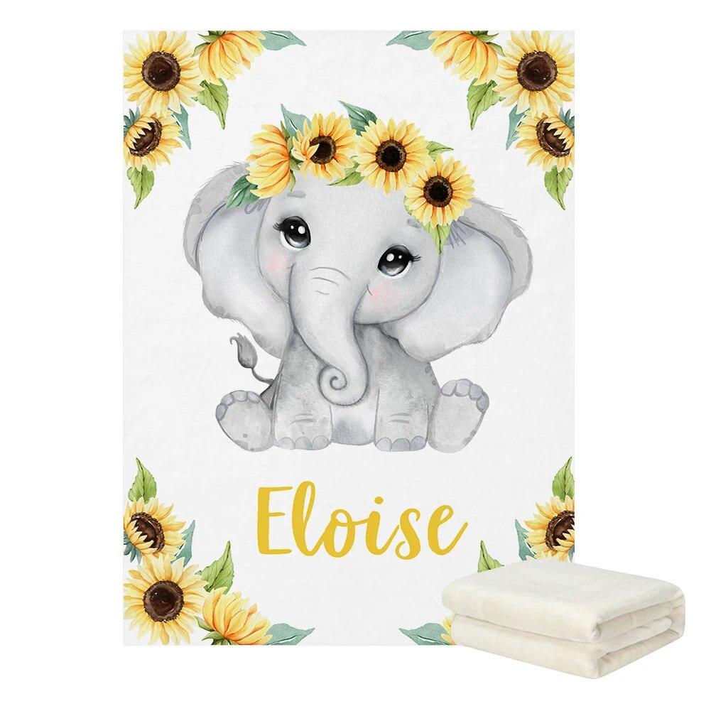 Sunflower Elephant Baby Blanket with Name and Date Print-Children Pajamas