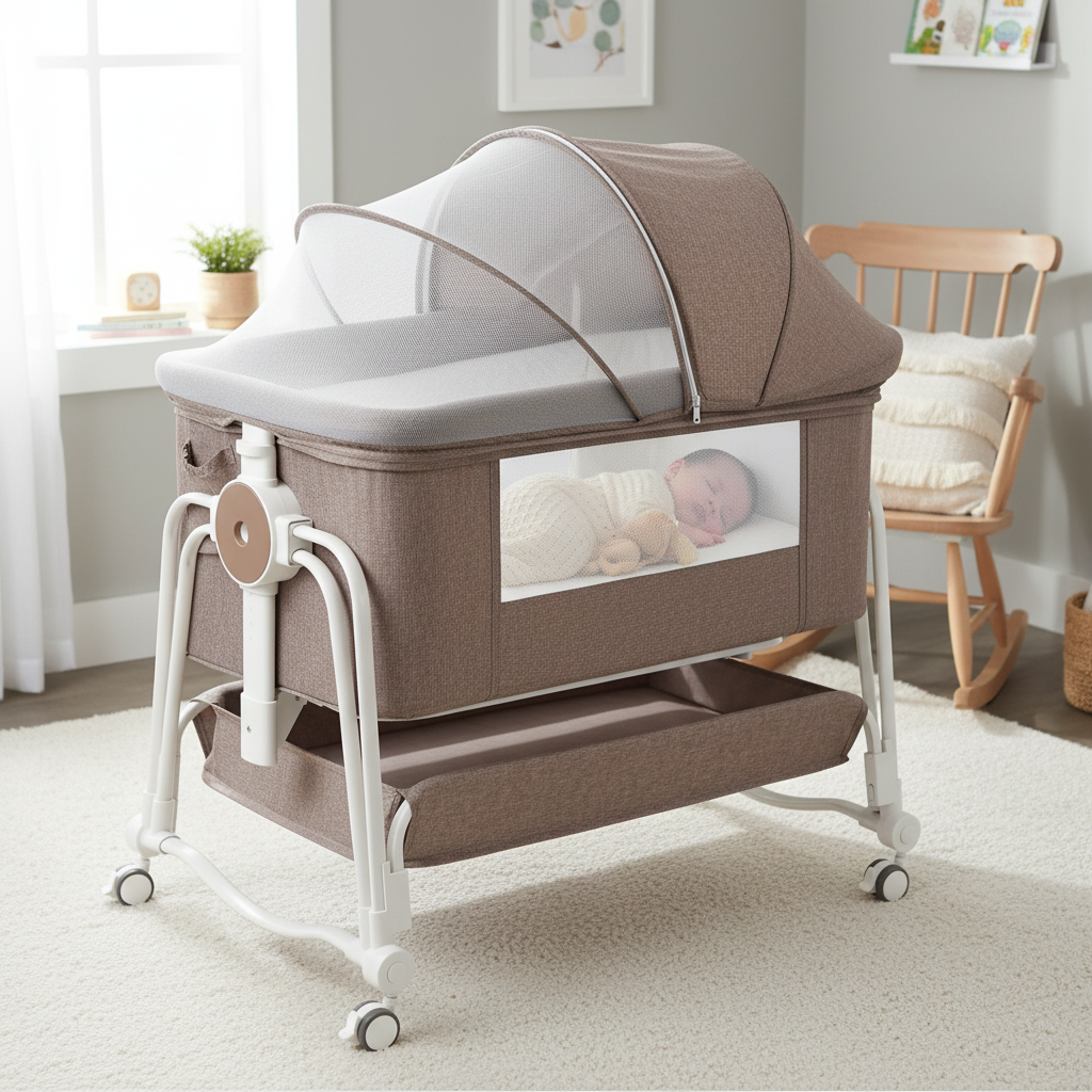 4 in 1 Baby Bassinet Bedside Sleeper With Wheels Adjustable Height Portable Crib