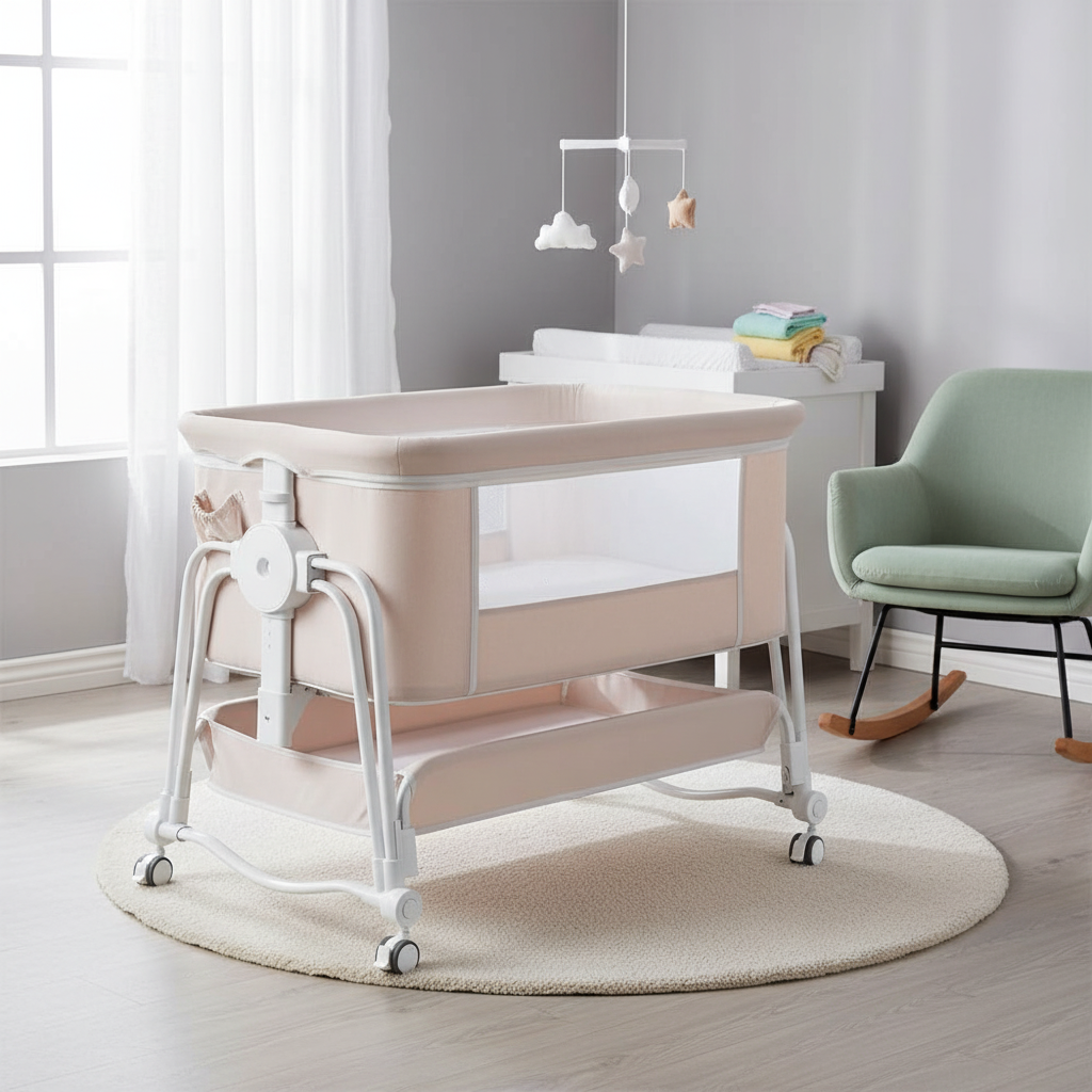 4 in 1 Baby Bassinet Bedside Sleeper With Wheels Adjustable Height Portable Crib