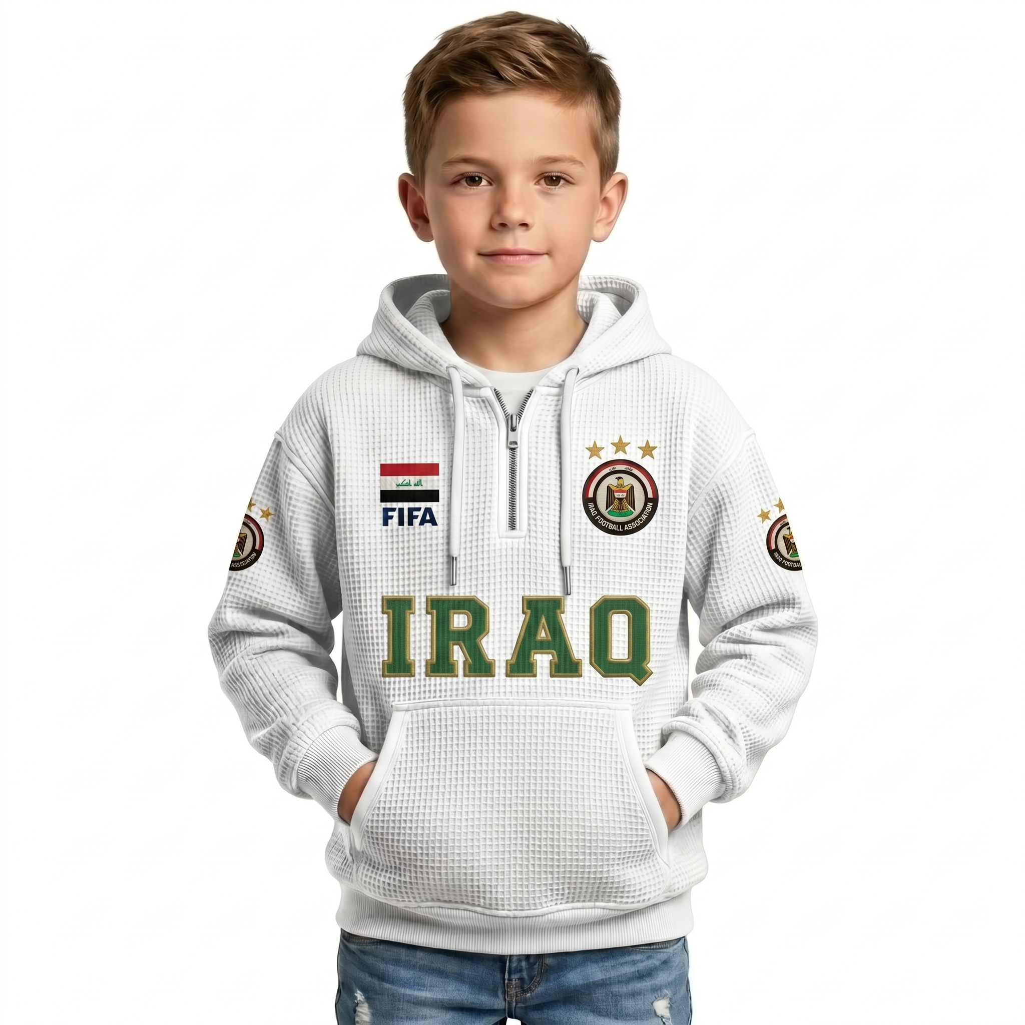 FIFA 2026 Iraq Printed Waffle Quarter Zip Football Fan Hoodie For Kids