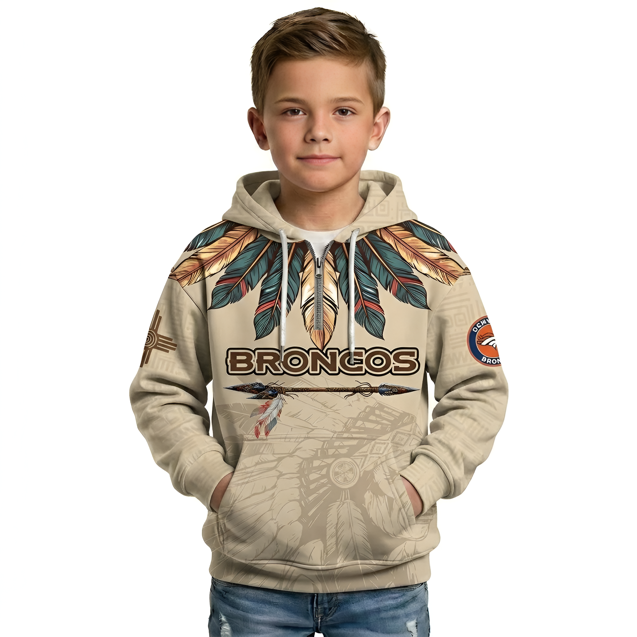 Denver Broncos Printed With Heritage Feather Design Hoodie For Kids