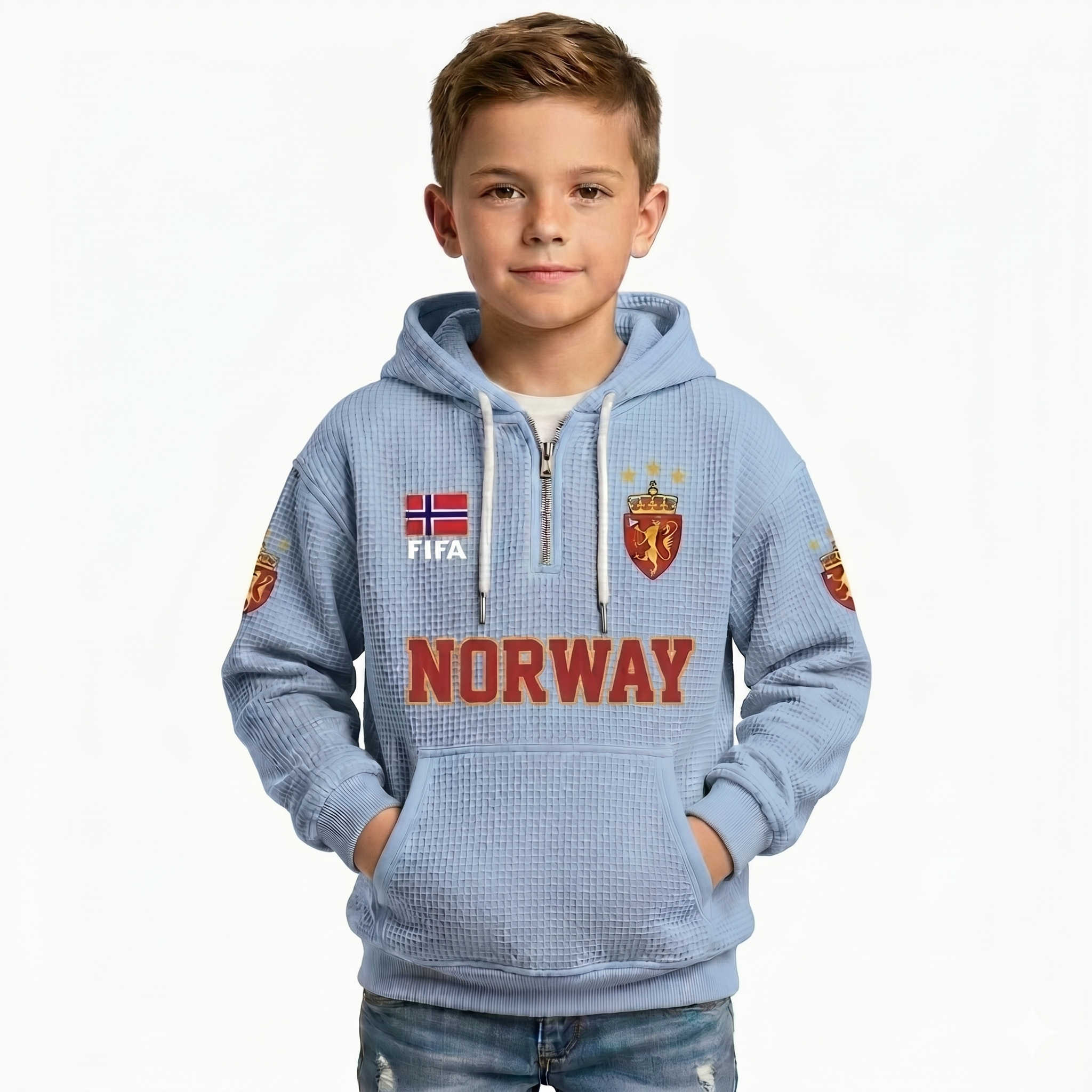 FIFA 2026 Norway Printed Waffle Quarter Zip Football Fan Hoodie For Kids