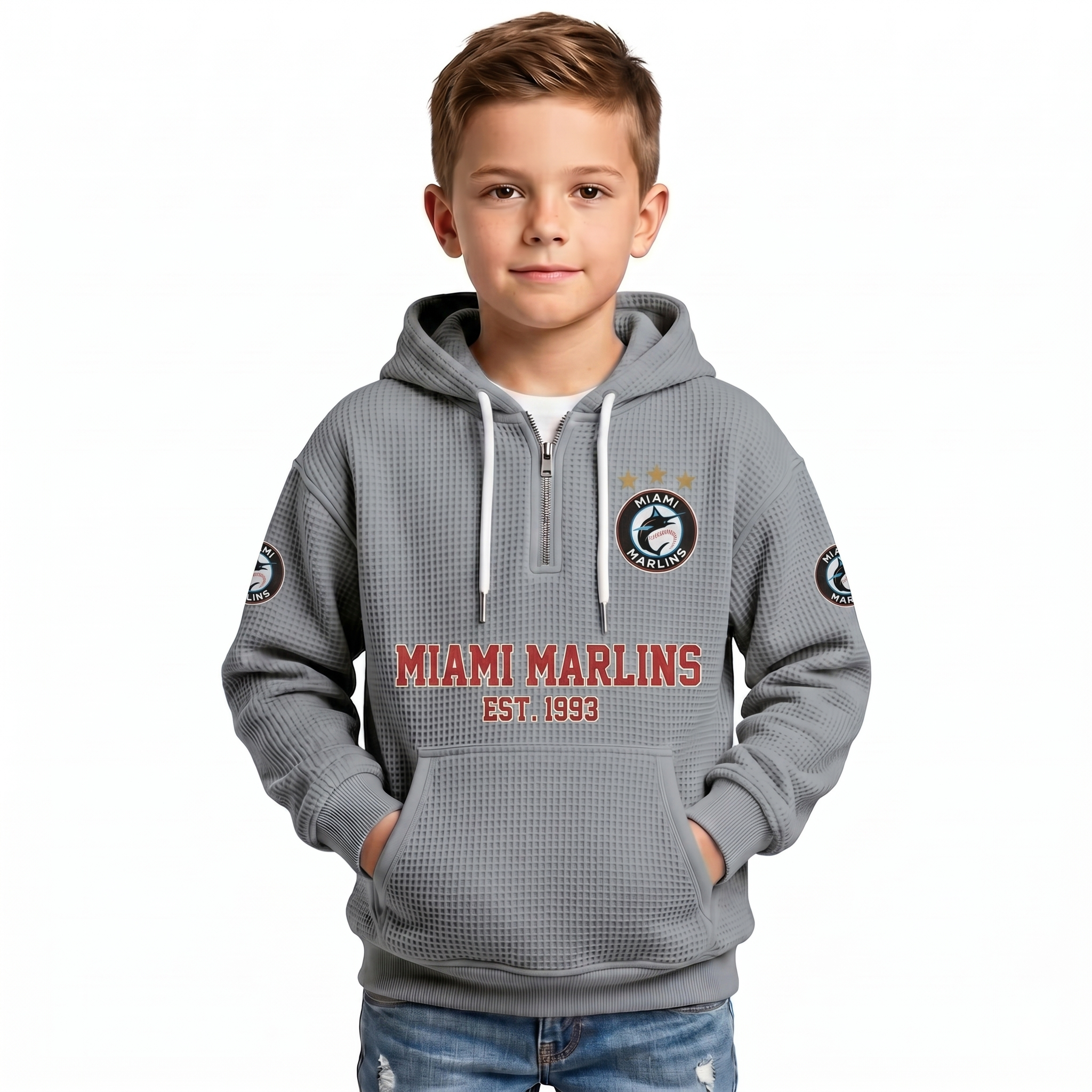 Miami Marlins EST 1993 Printed Waffle Quarter Zip Baseball Fan Hoodie For Kids