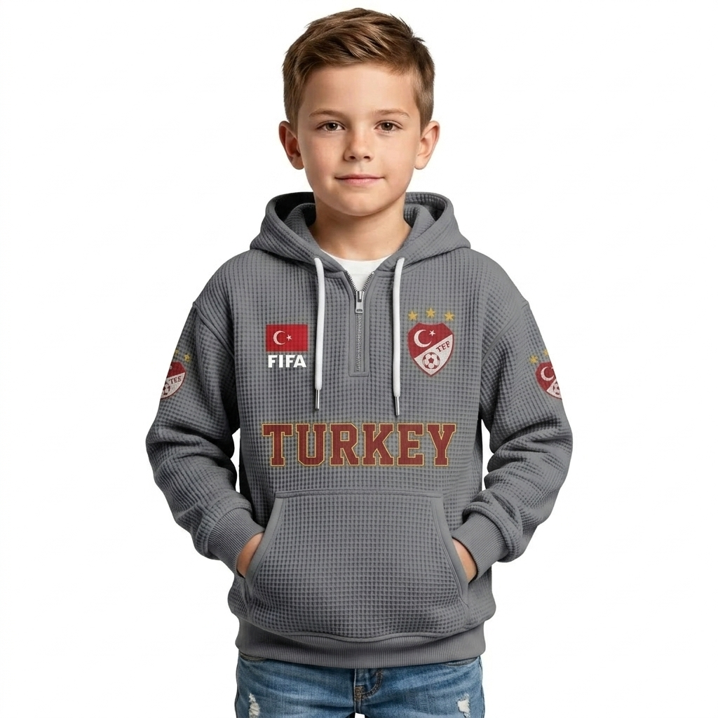 FIFA 2026 Turkey Printed Waffle Quarter Zip Football Fan Hoodie For Kids