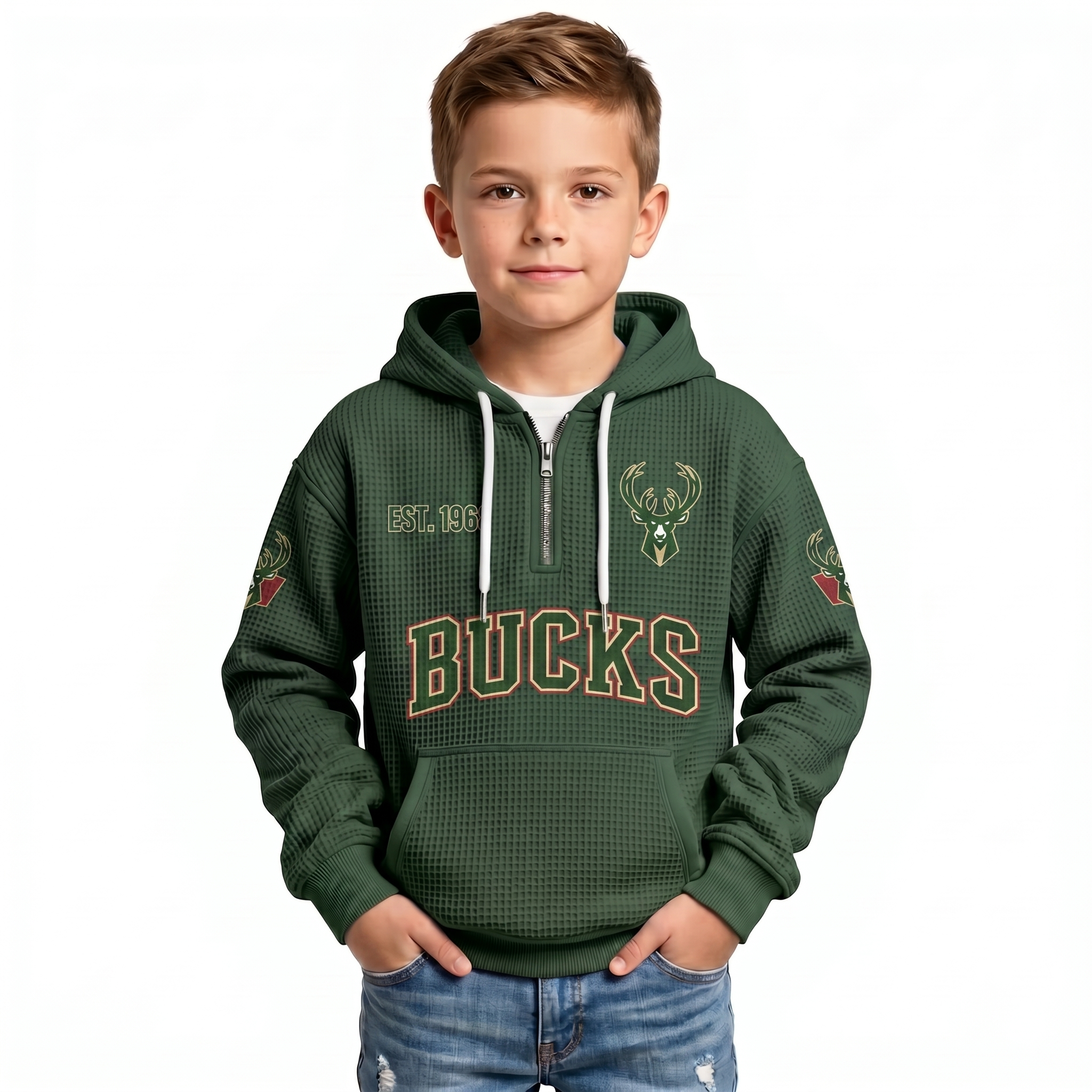 Milwaukee Bucks EST 1968 Printed Waffle Quarter Zip Basketball Fan Hoodie For Kids