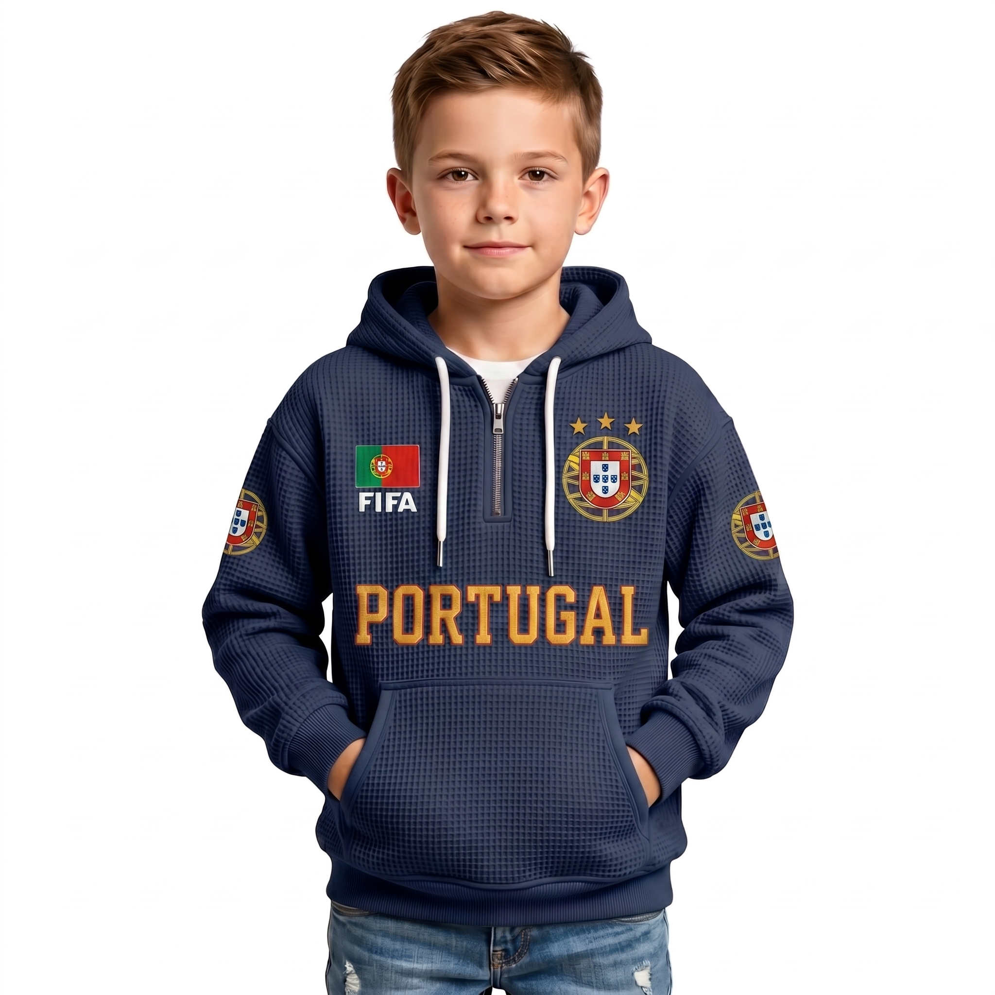 FIFA 2026 Portugal Printed Waffle Quarter Zip Football Fan Hoodie For Kids