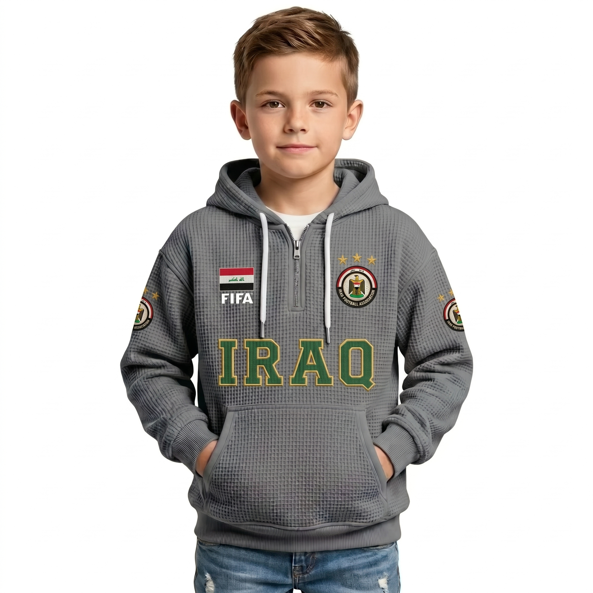 FIFA 2026 Iraq Printed Waffle Quarter Zip Football Fan Hoodie For Kids