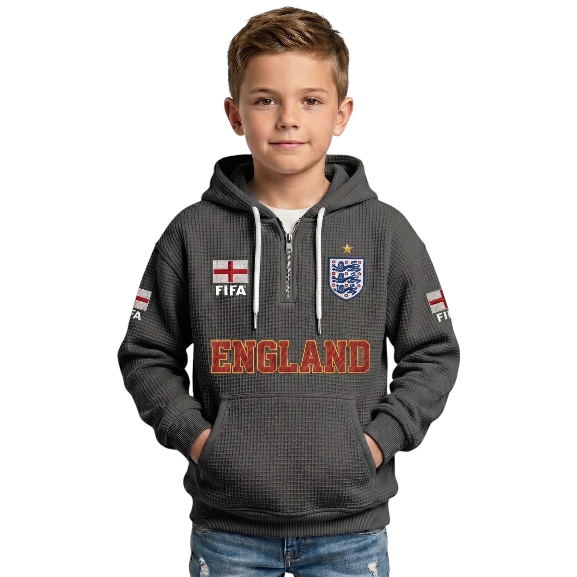 FIFA 2026 England Printed Waffle Quarter Zip Football Fan Hoodie For Kids