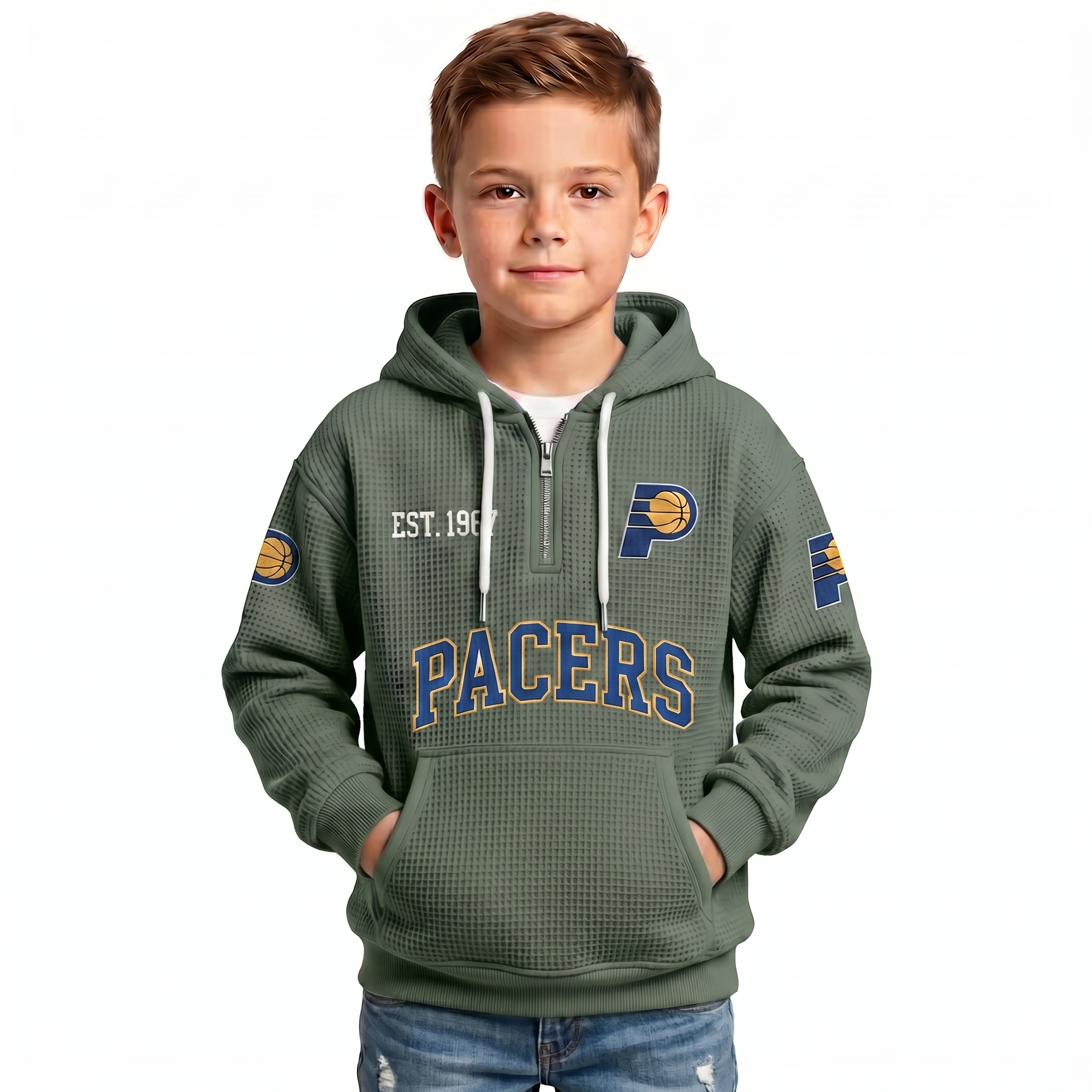 Indiana Pacers EST 1967 Printed Waffle Quarter Zip Basketball Fan Hoodie For Kids