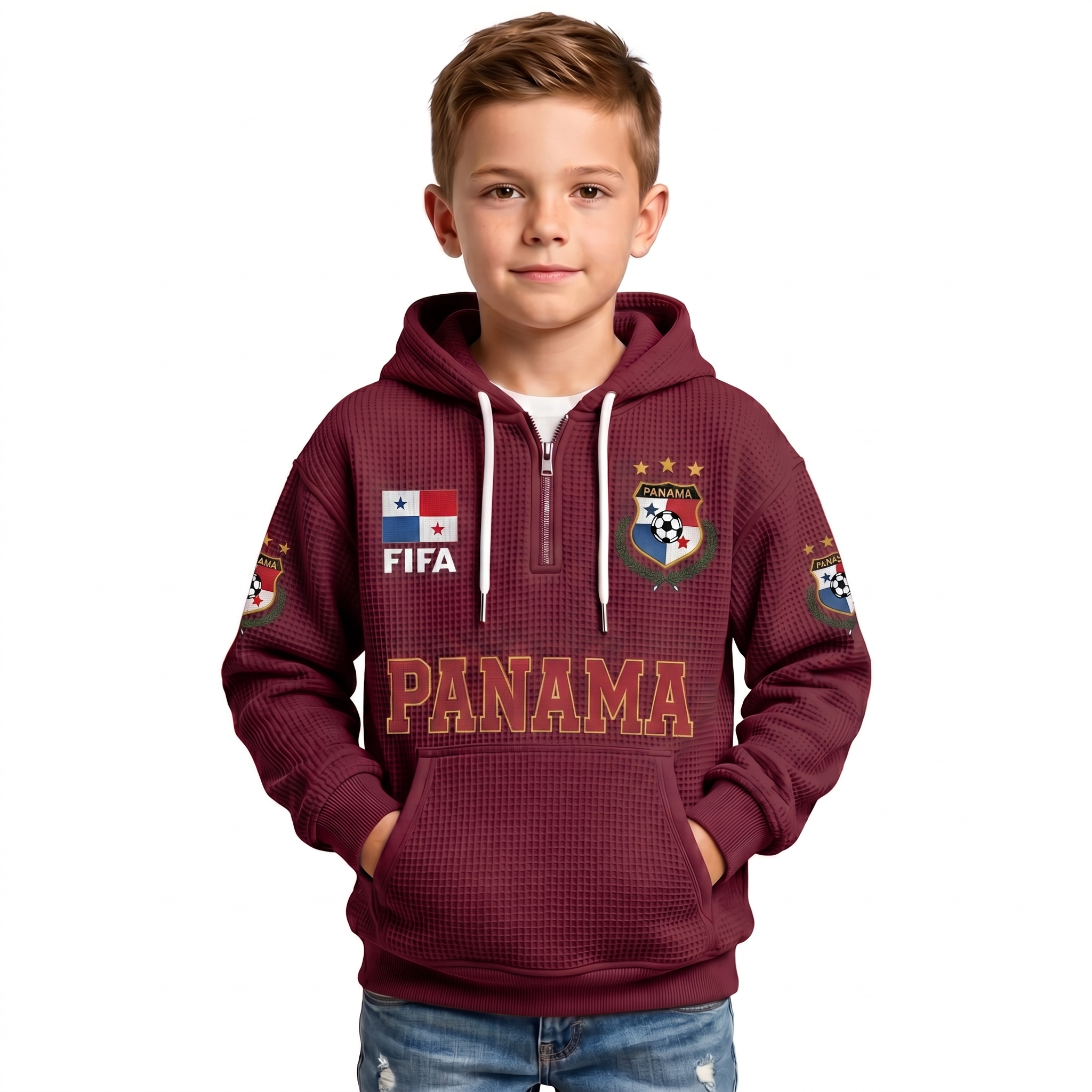 FIFA 2026 Panama Printed Waffle Quarter Zip Football Fan Hoodie For Kids