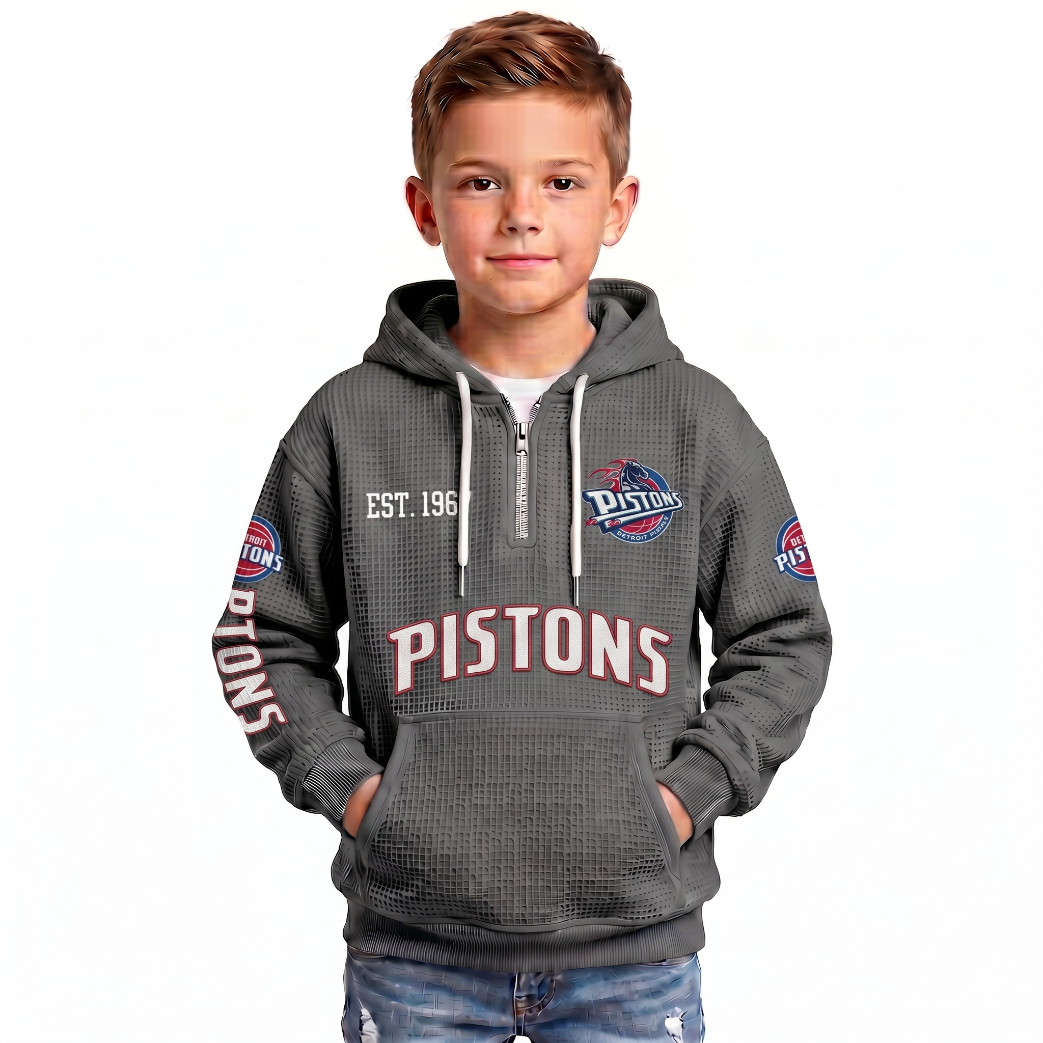 Detroit Pistons EST 1957 Printed Waffle Quarter Zip Basketball Fan Hoodie For Kids