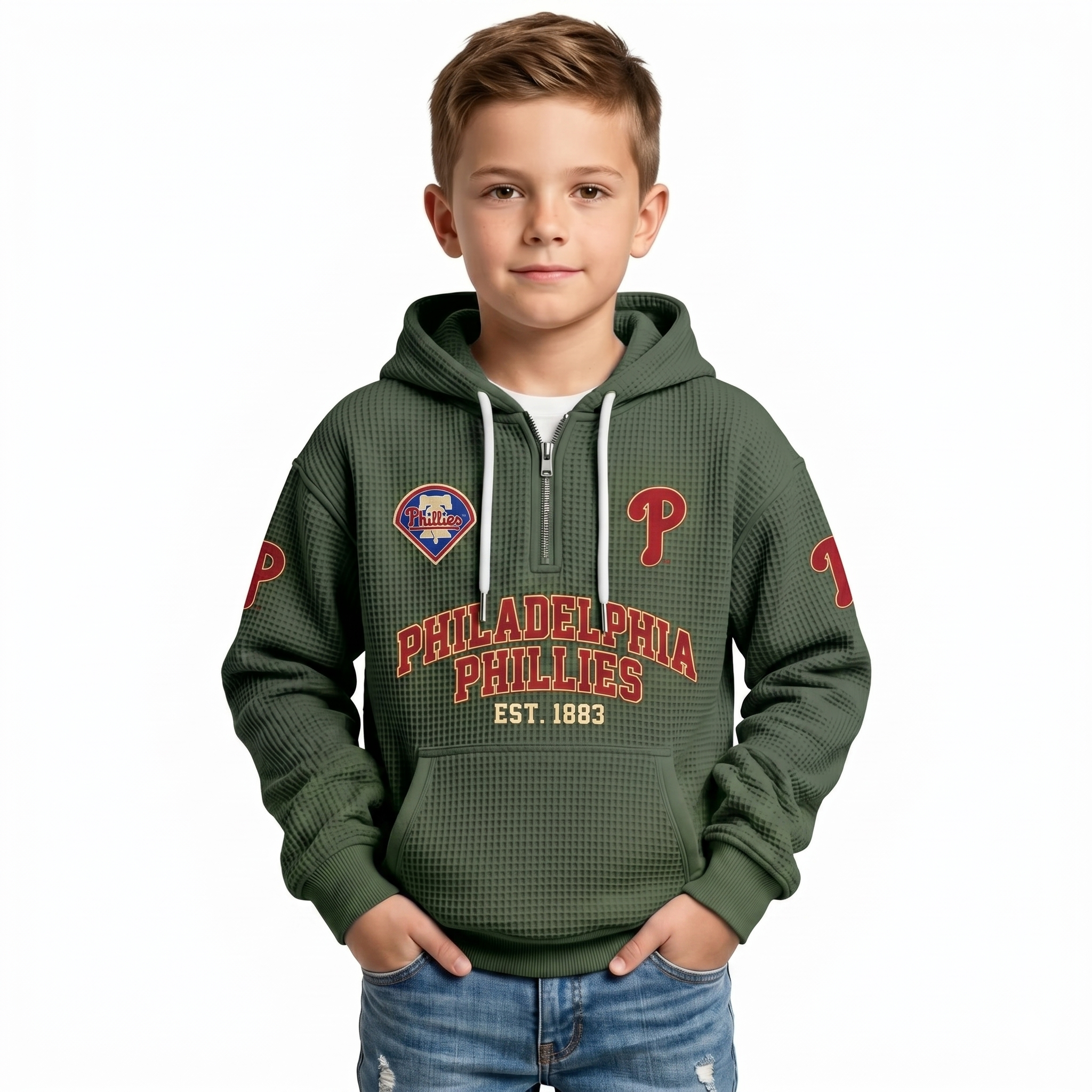 Philadelphia Phillies EST 1883 Printed Waffle Quarter Zip Baseball Fan Hoodie For Kids