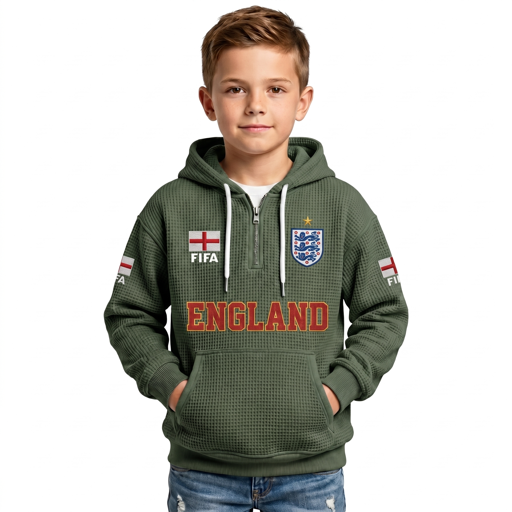 FIFA 2026 England Printed Waffle Quarter Zip Football Fan Hoodie For Kids