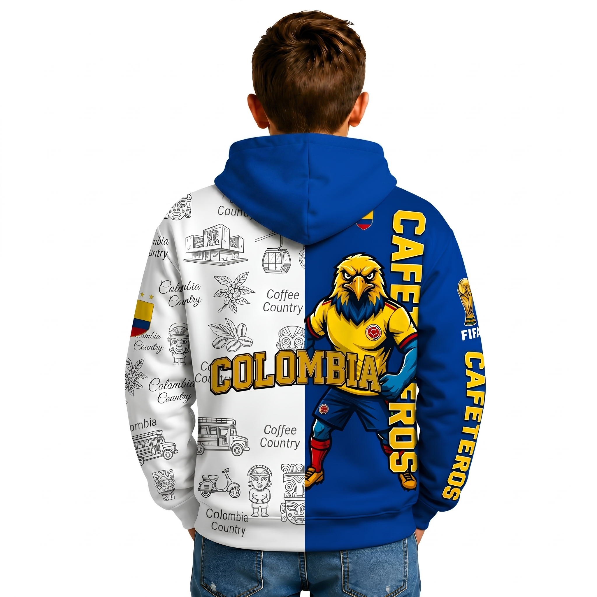 FIFA 2026 Colombia Football Themed All Over Printed Hoodie For Kids