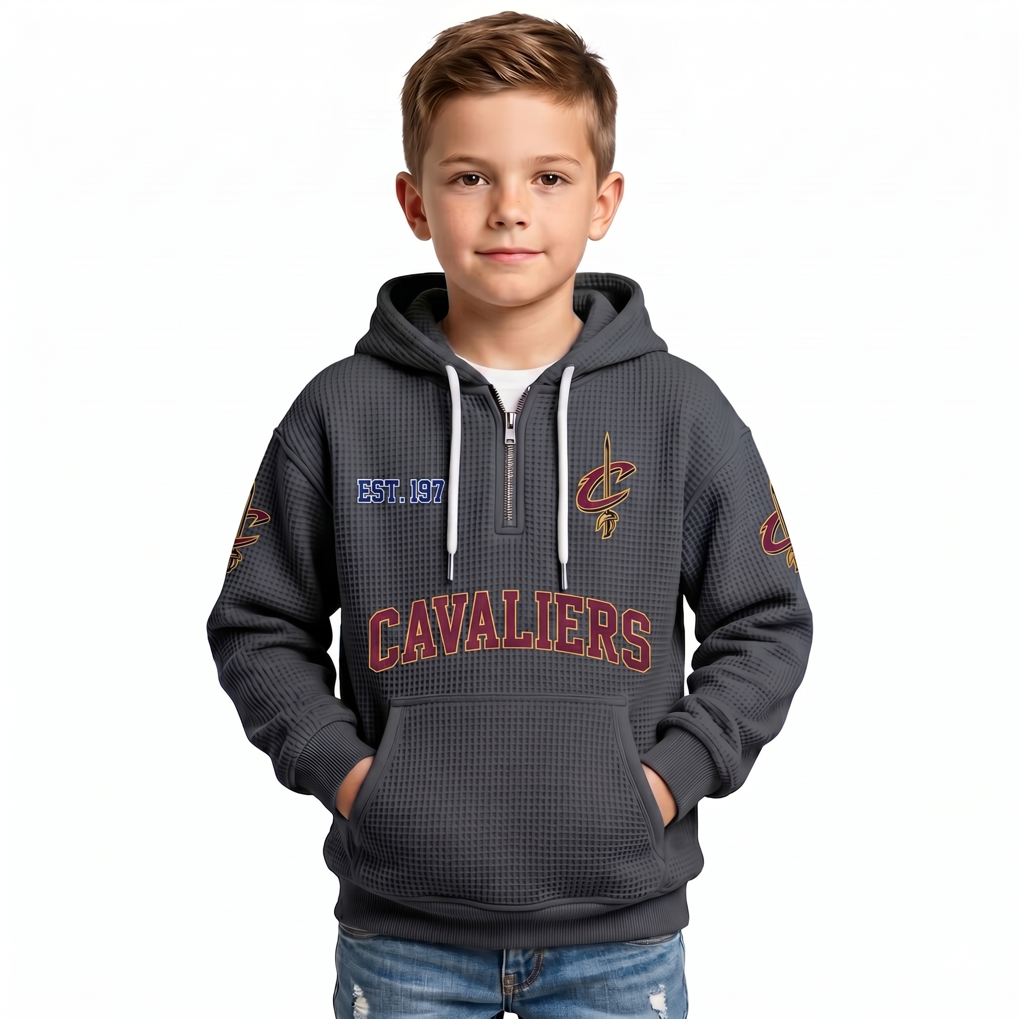 Cleveland Cavaliers EST 1970 Printed Waffle Quarter Zip Basketball Fan Hoodie For Kids