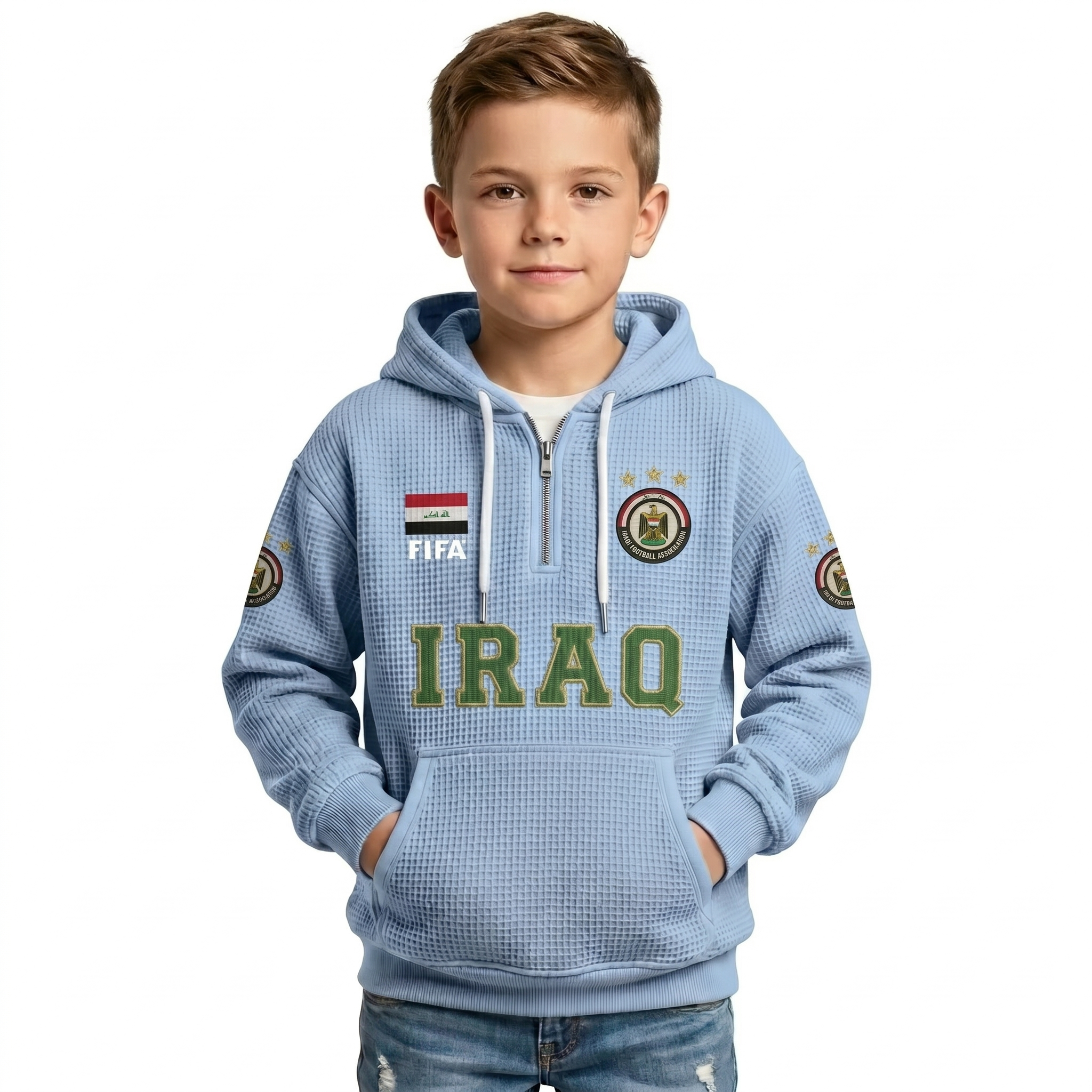 FIFA 2026 Iraq Printed Waffle Quarter Zip Football Fan Hoodie For Kids