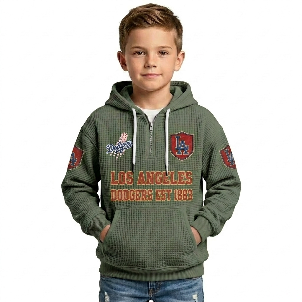 Los Angeles Dodgers EST 1883 Printed Waffle Quarter Zip Baseball Fan Hoodie For Kids