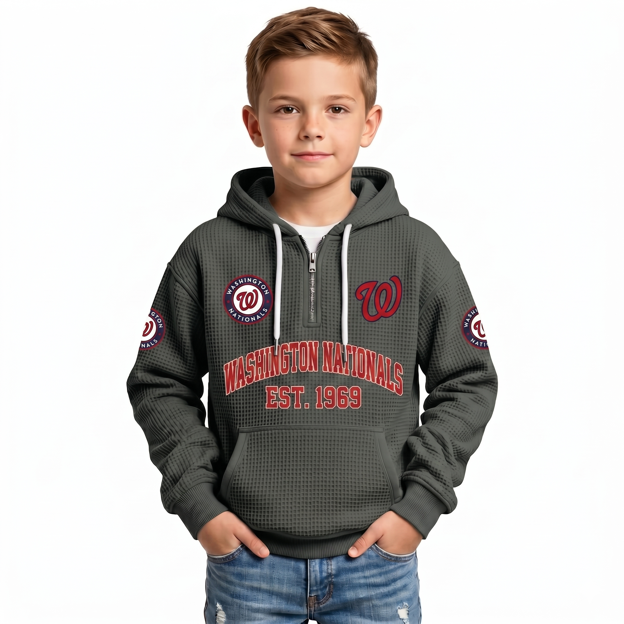 Washington Nationals EST 1969 Printed Waffle Quarter Zip Baseball Fan Hoodie For Kids
