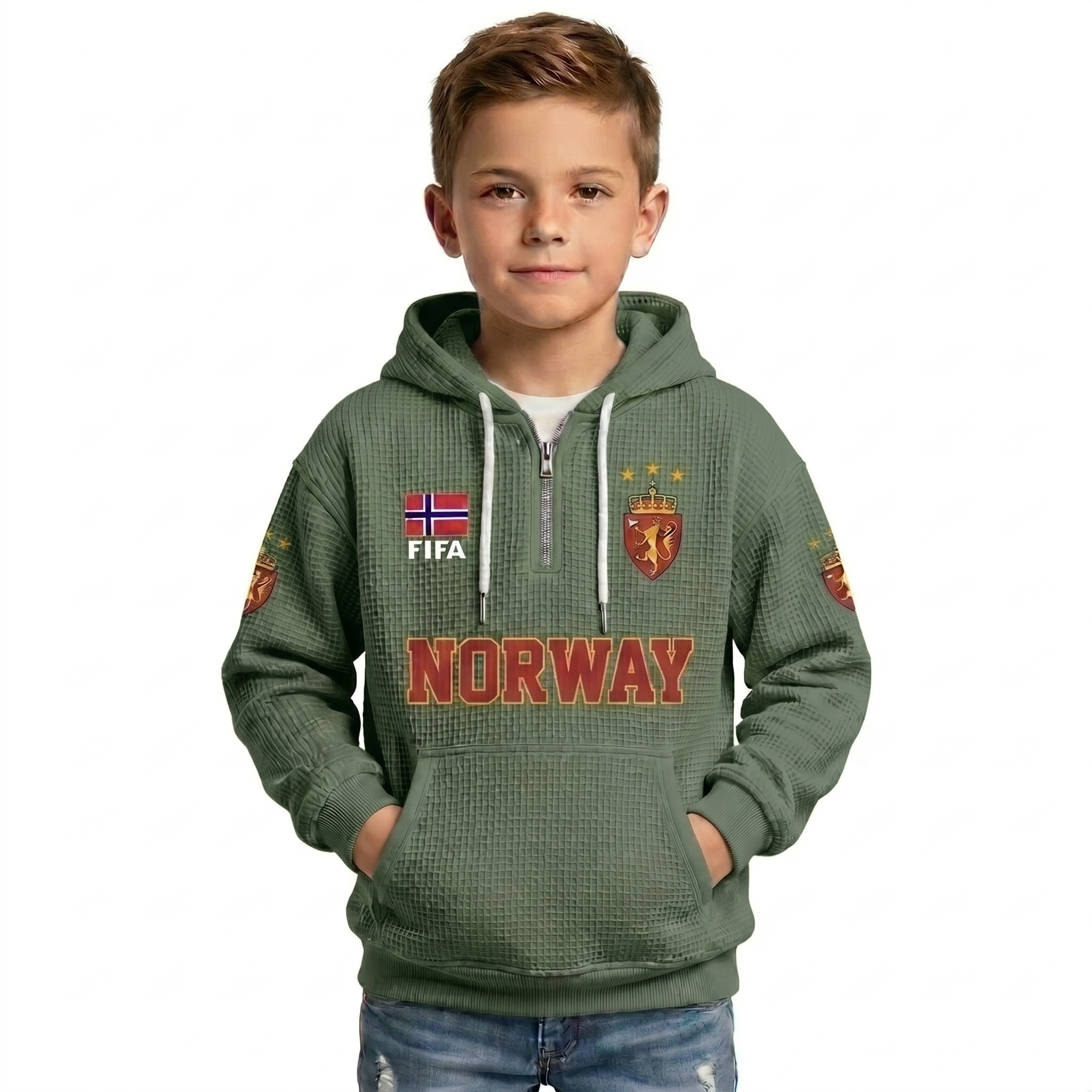 FIFA 2026 Norway Printed Waffle Quarter Zip Football Fan Hoodie For Kids