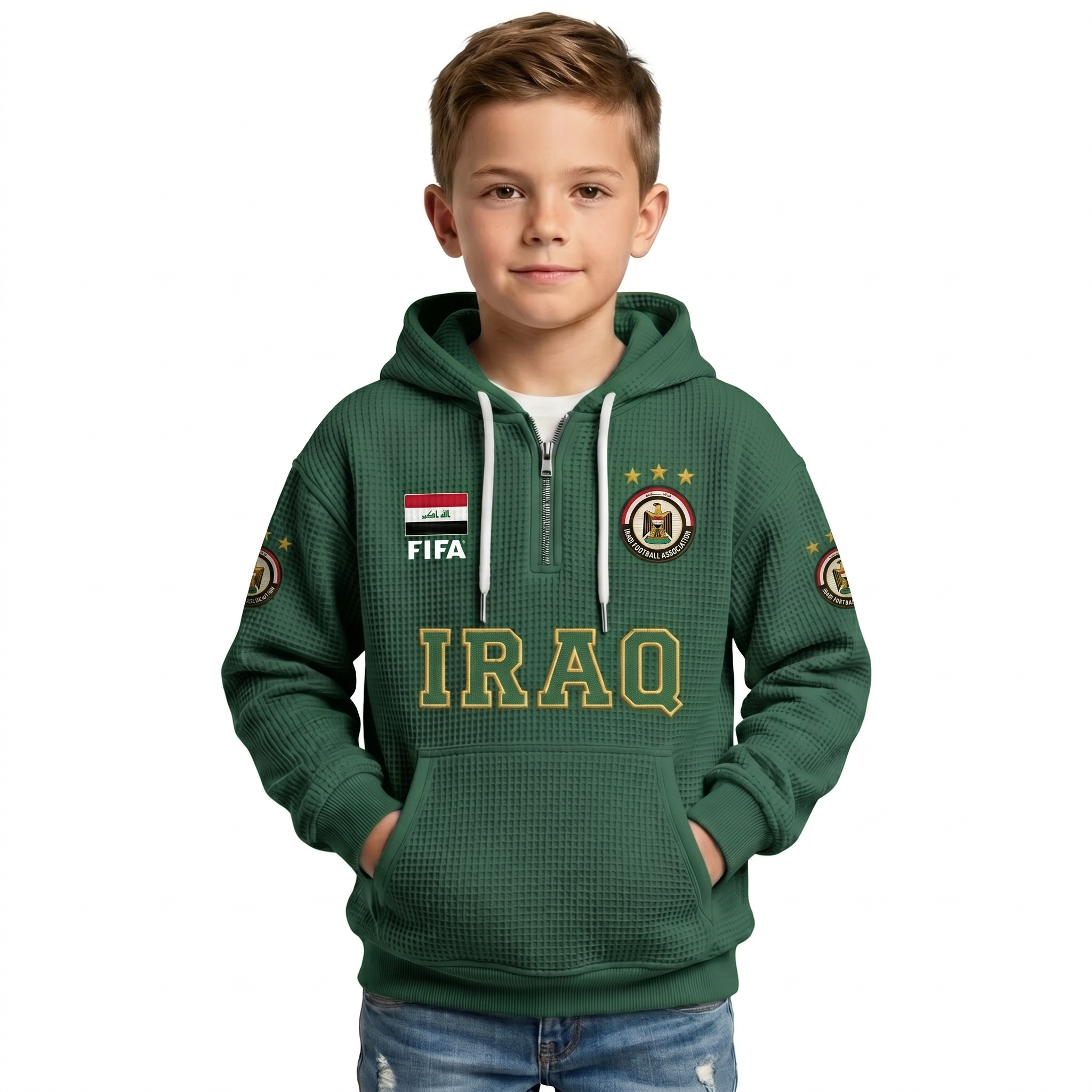 FIFA 2026 Iraq Printed Waffle Quarter Zip Football Fan Hoodie For Kids