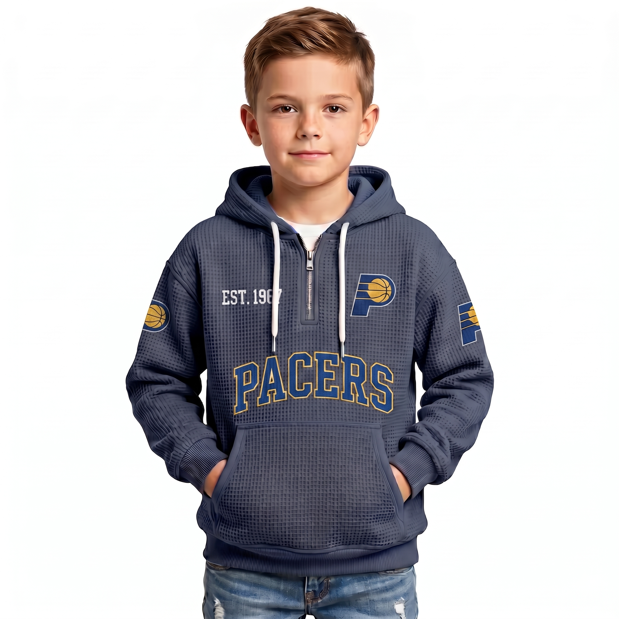 Indiana Pacers EST 1967 Printed Waffle Quarter Zip Basketball Fan Hoodie For Kids