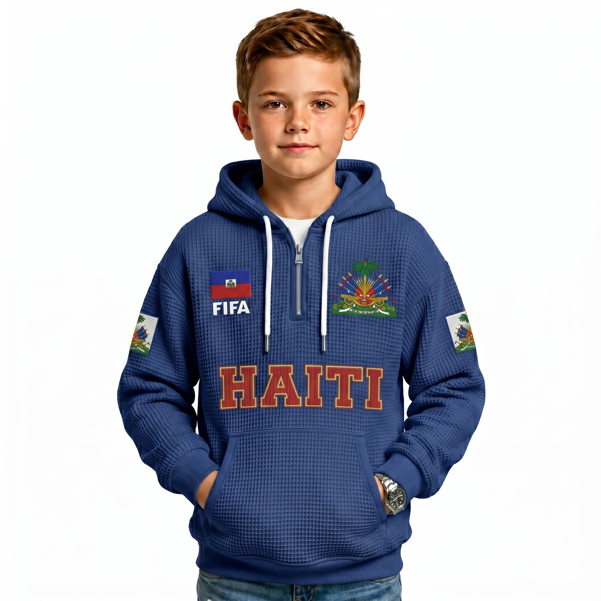 FIFA 2026 Haiti Printed Waffle Quarter Zip Football Fan Hoodie For Kids