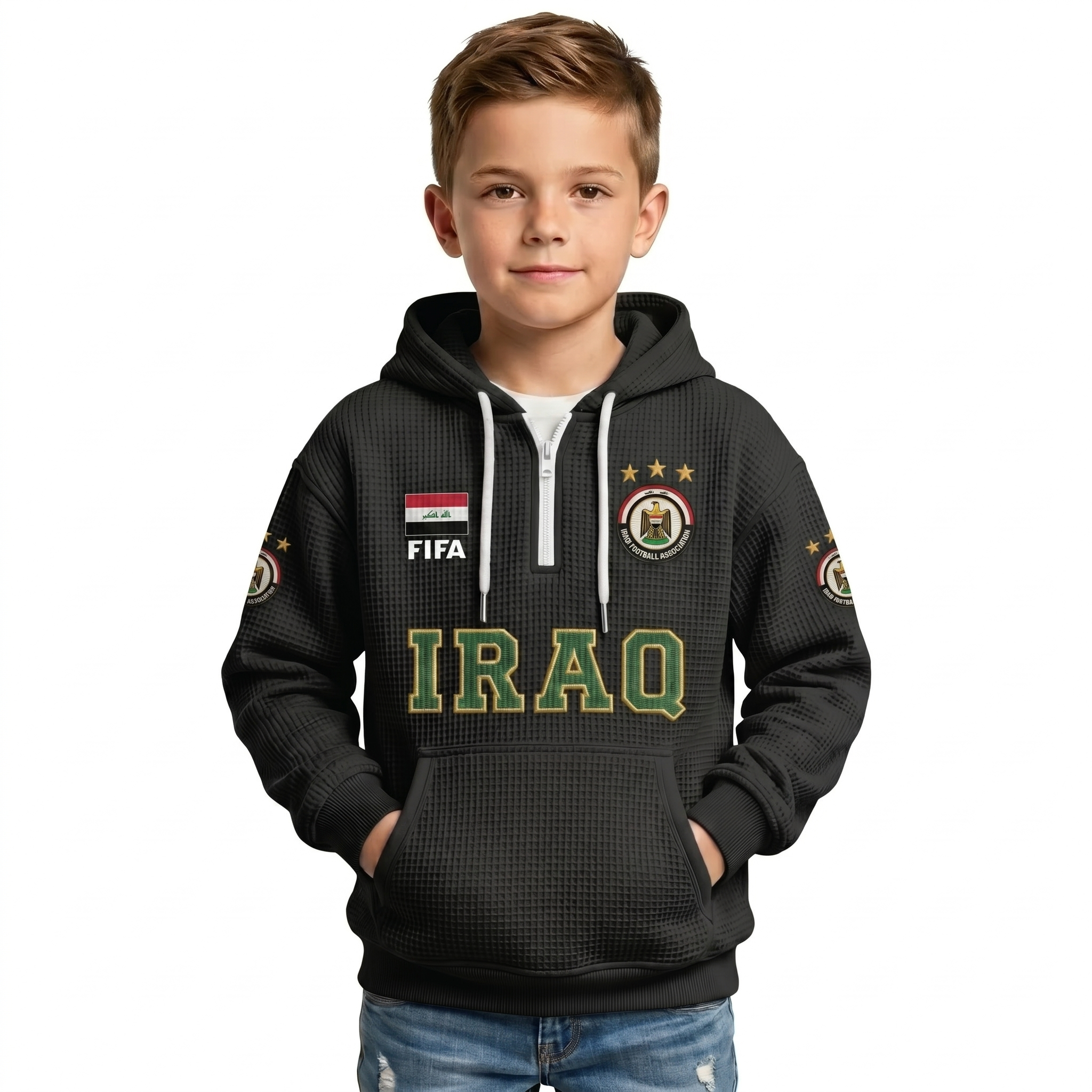 FIFA 2026 Iraq Printed Waffle Quarter Zip Football Fan Hoodie For Kids