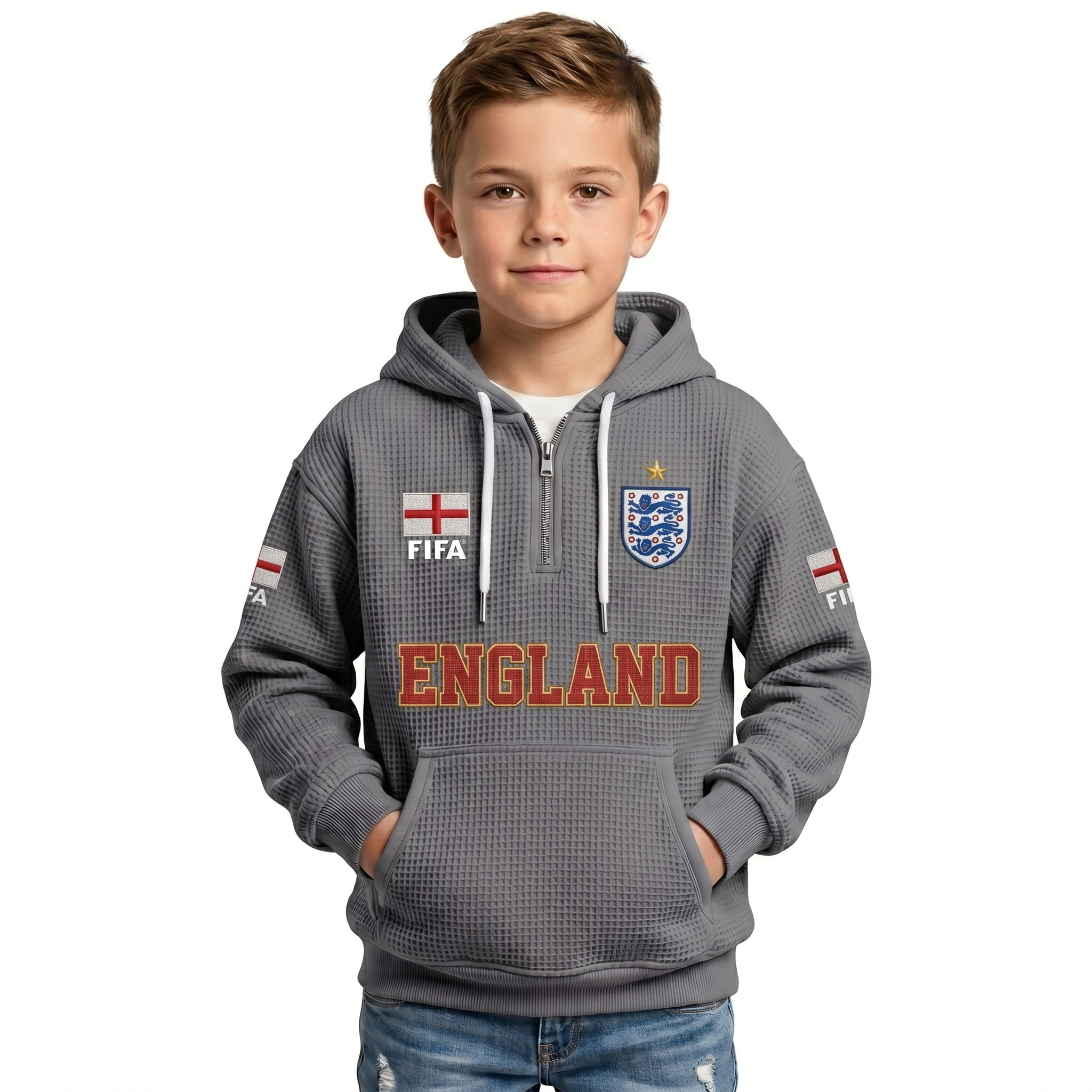 FIFA 2026 England Printed Waffle Quarter Zip Football Fan Hoodie For Kids