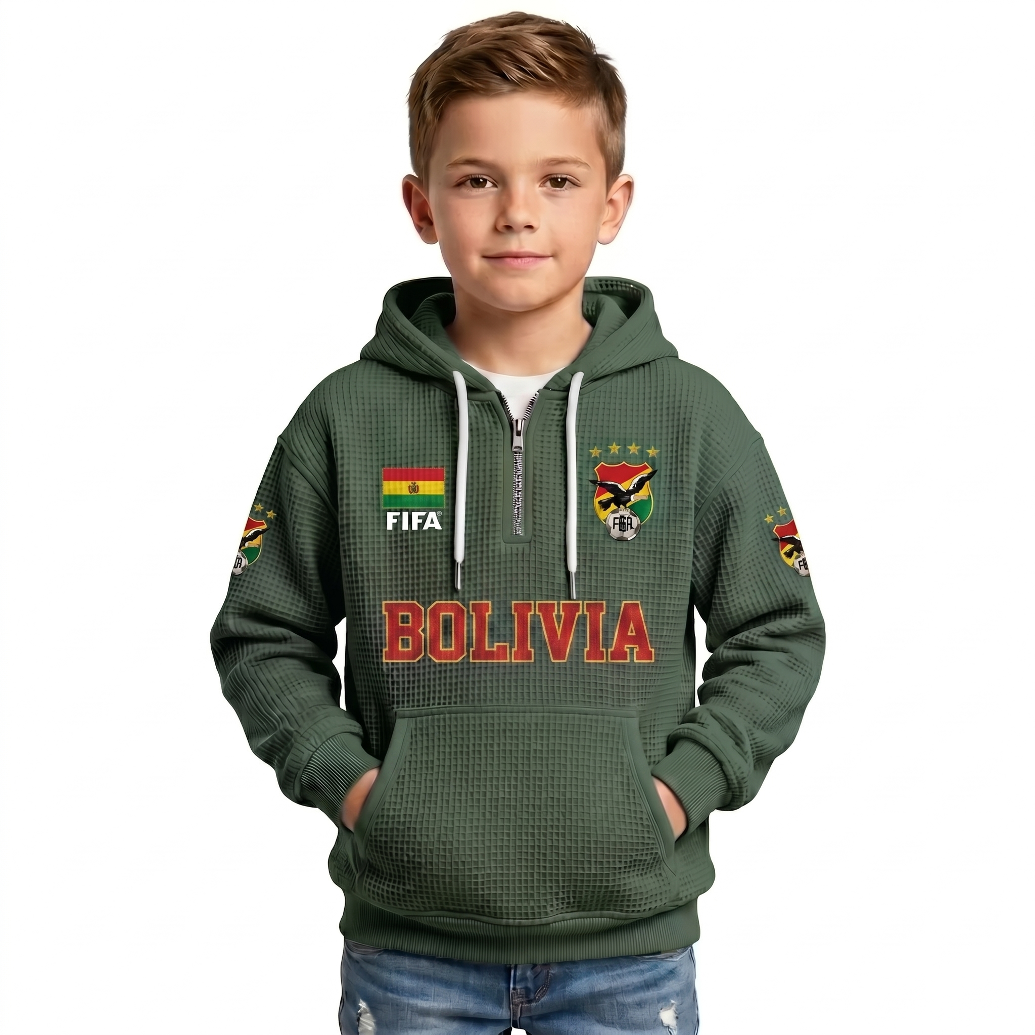 FIFA 2026 Bolivia Printed Waffle Quarter Zip Football Fan Hoodie For Kids