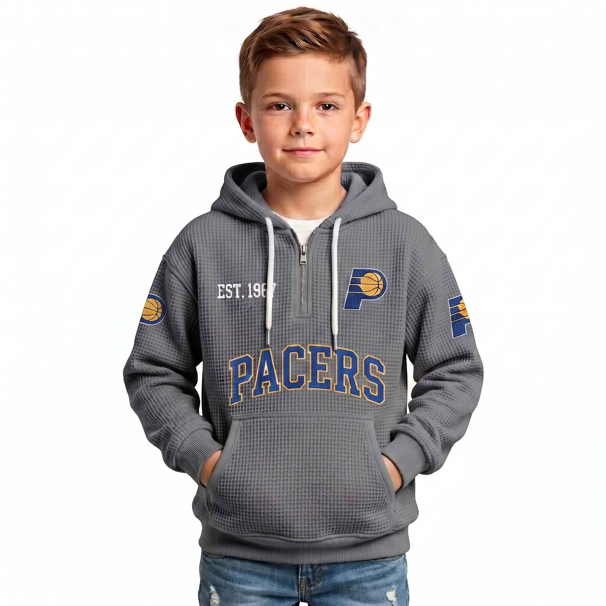 Indiana Pacers EST 1967 Printed Waffle Quarter Zip Basketball Fan Hoodie For Kids