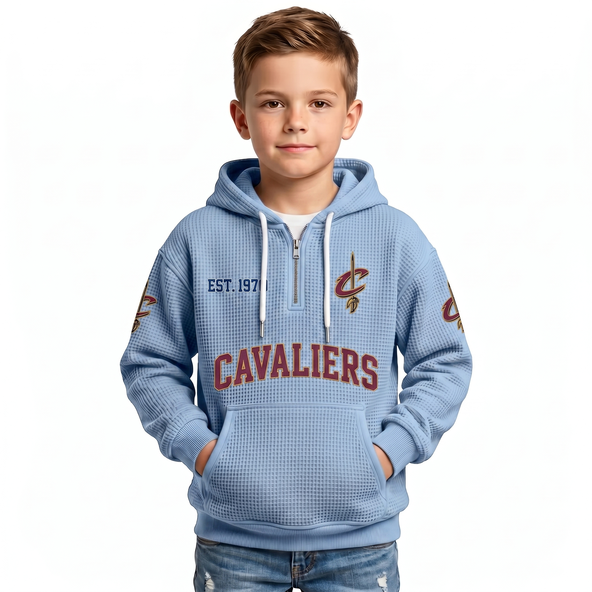 Cleveland Cavaliers EST 1970 Printed Waffle Quarter Zip Basketball Fan Hoodie For Kids