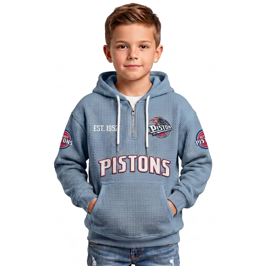 Detroit Pistons EST 1957 Printed Waffle Quarter Zip Basketball Fan Hoodie For Kids