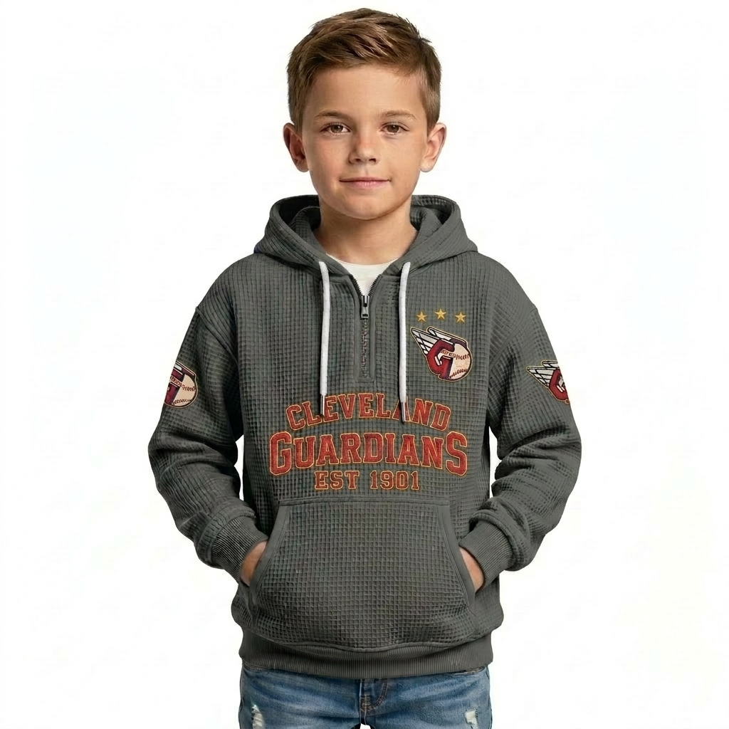 Cleveland Guardians EST 1901 Printed Waffle Quarter Zip Baseball Fan Hoodie For Kids