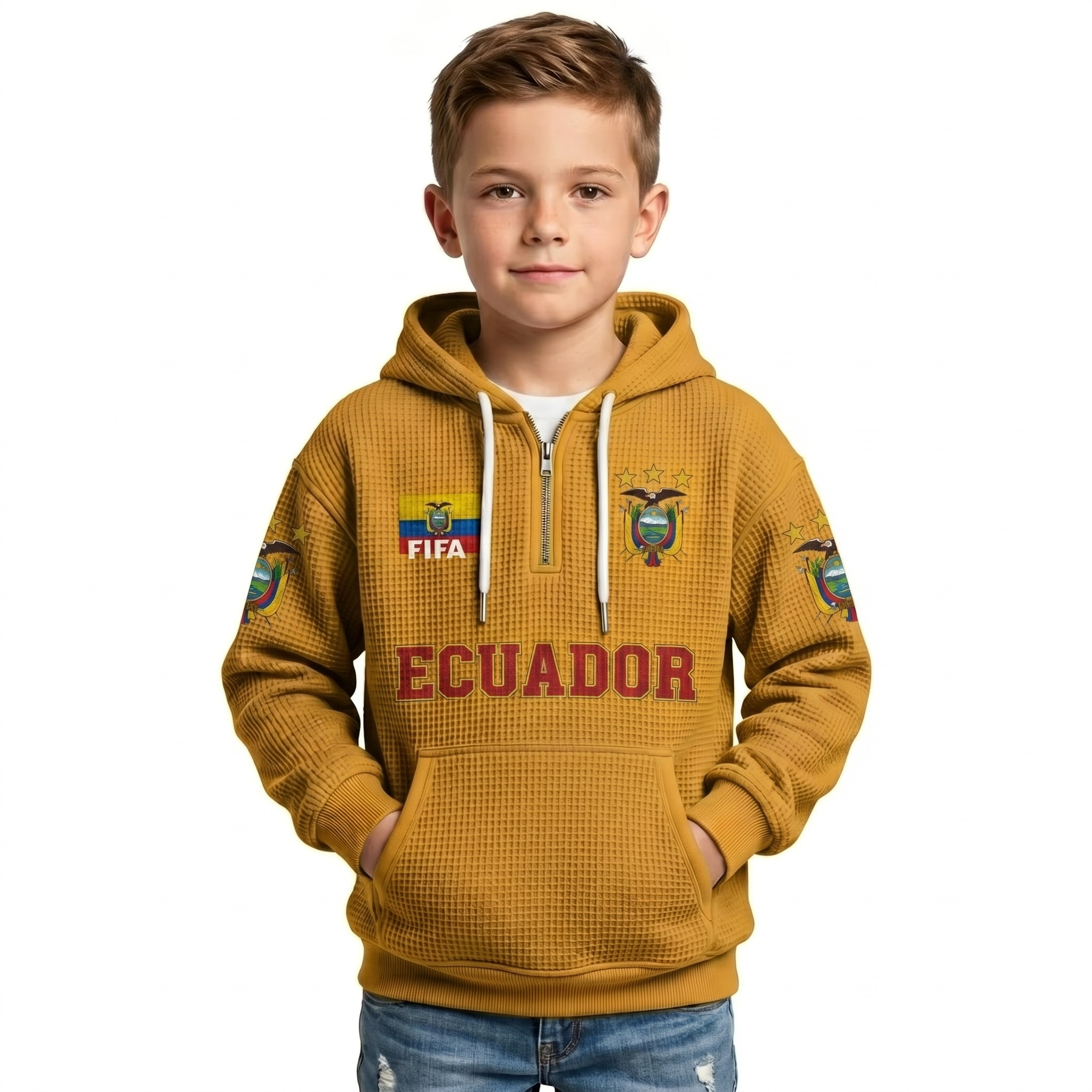 FIFA 2026 Ecuador Printed Waffle Quarter Zip Football Fan Hoodie For Kids