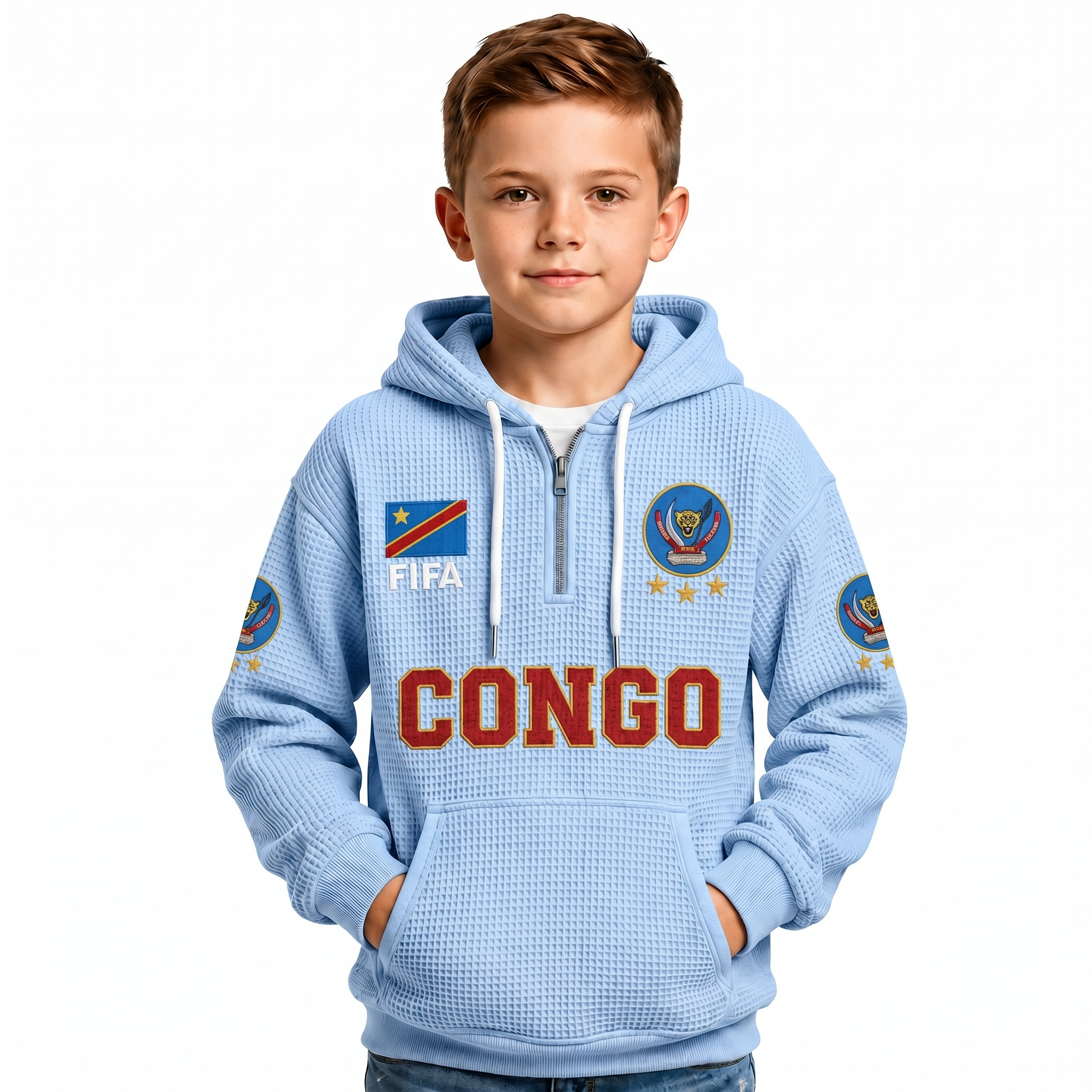 FIFA 2026 Democratic Republic Of The Congo Printed Waffle Quarter Zip Football Fan Hoodie For Kids