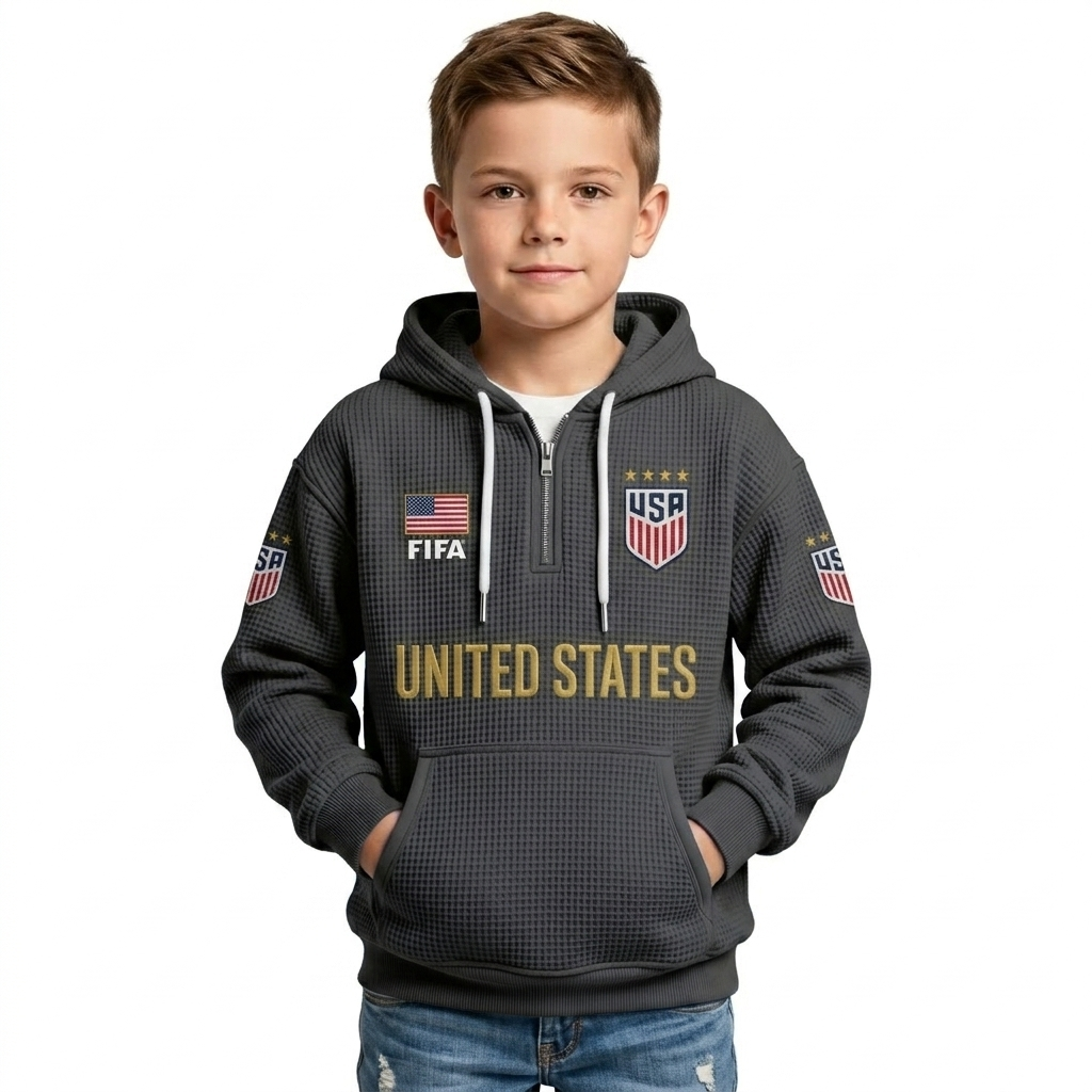 FIFA 2026 United States Printed Waffle Quarter Zip Football Fan Hoodie For Kids