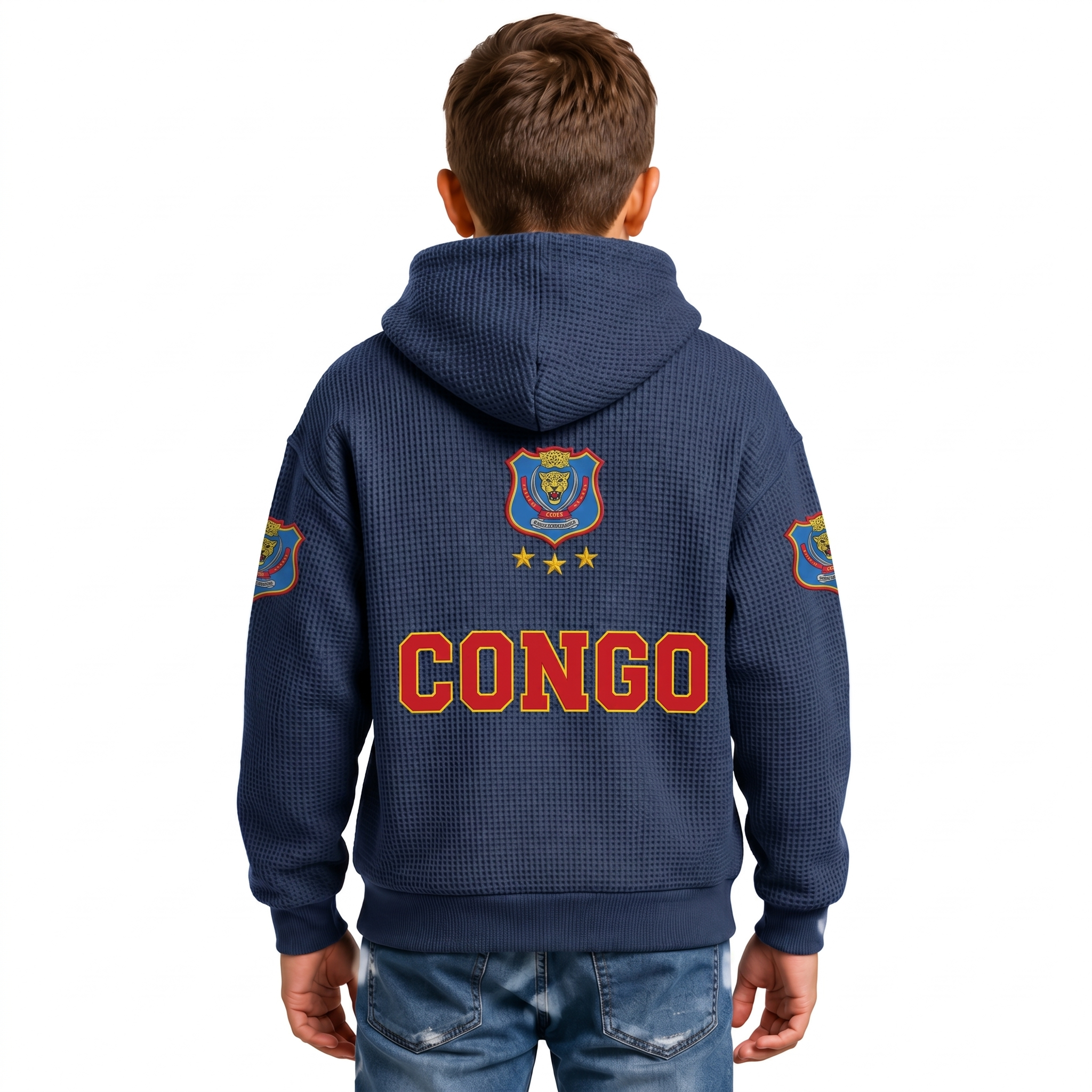 FIFA 2026 Democratic Republic Of The Congo Printed Waffle Quarter Zip Football Fan Hoodie For Kids