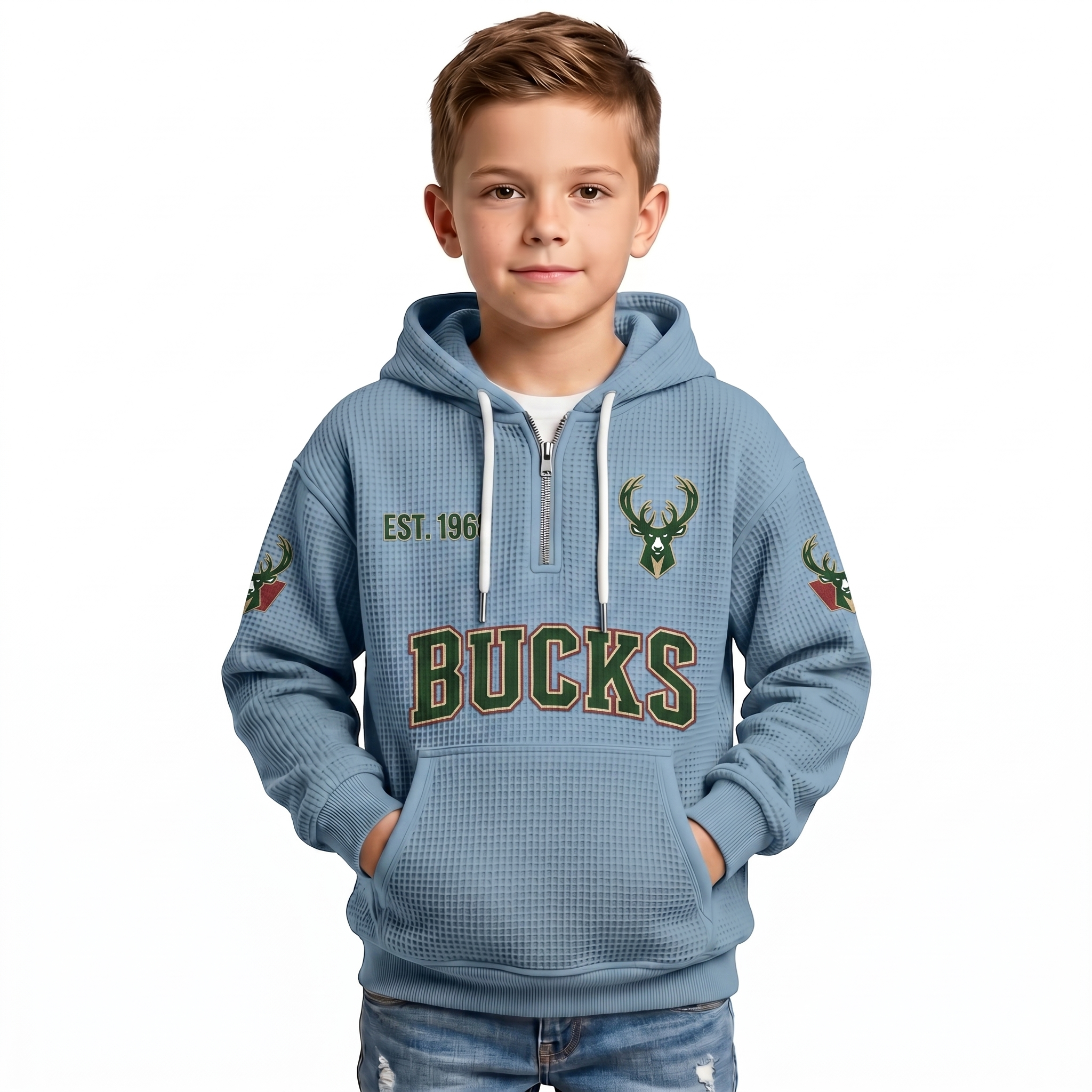 Milwaukee Bucks EST 1968 Printed Waffle Quarter Zip Basketball Fan Hoodie For Kids