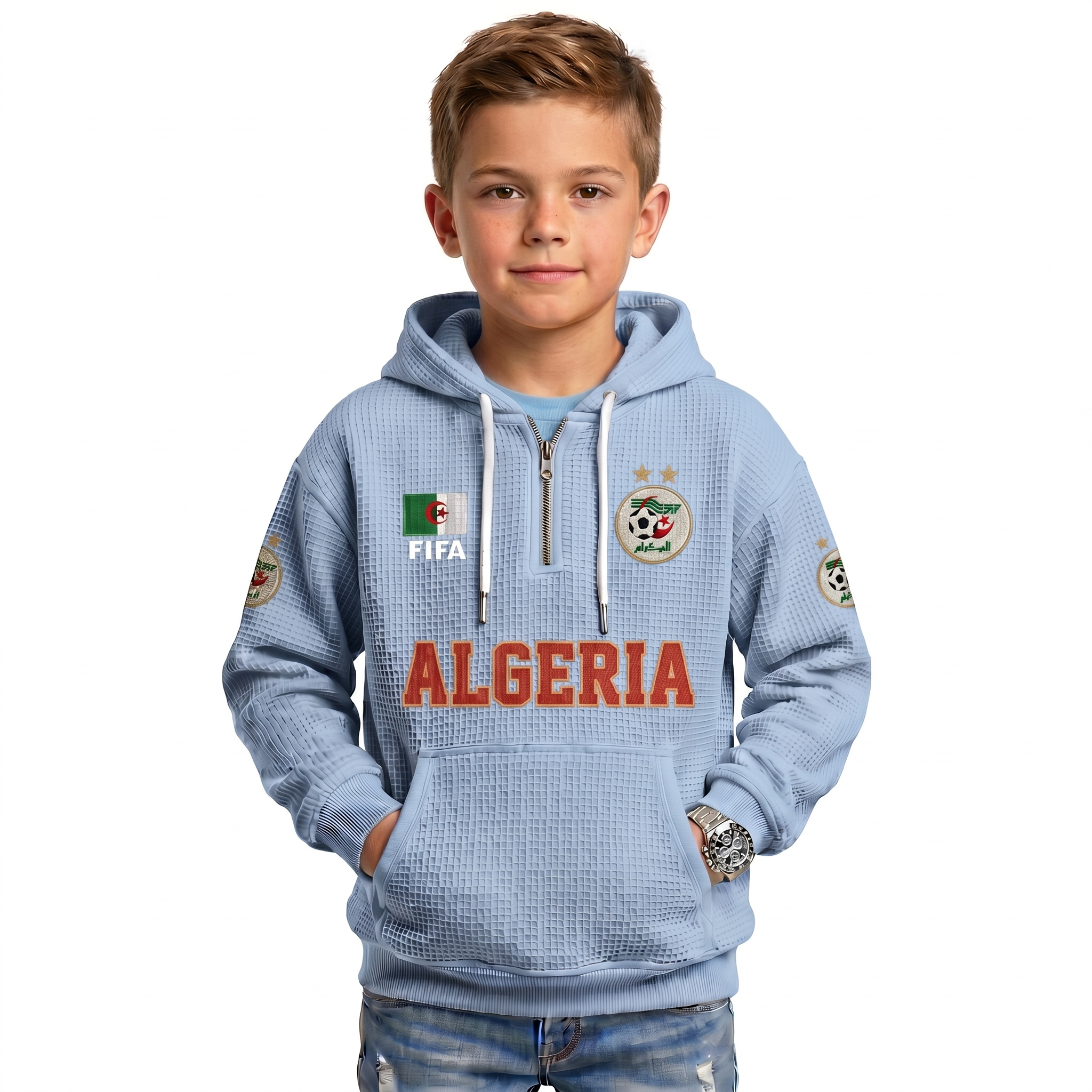 FIFA 2026 Algeria Printed Waffle Quarter Zip Football Fan Hoodie For Kids