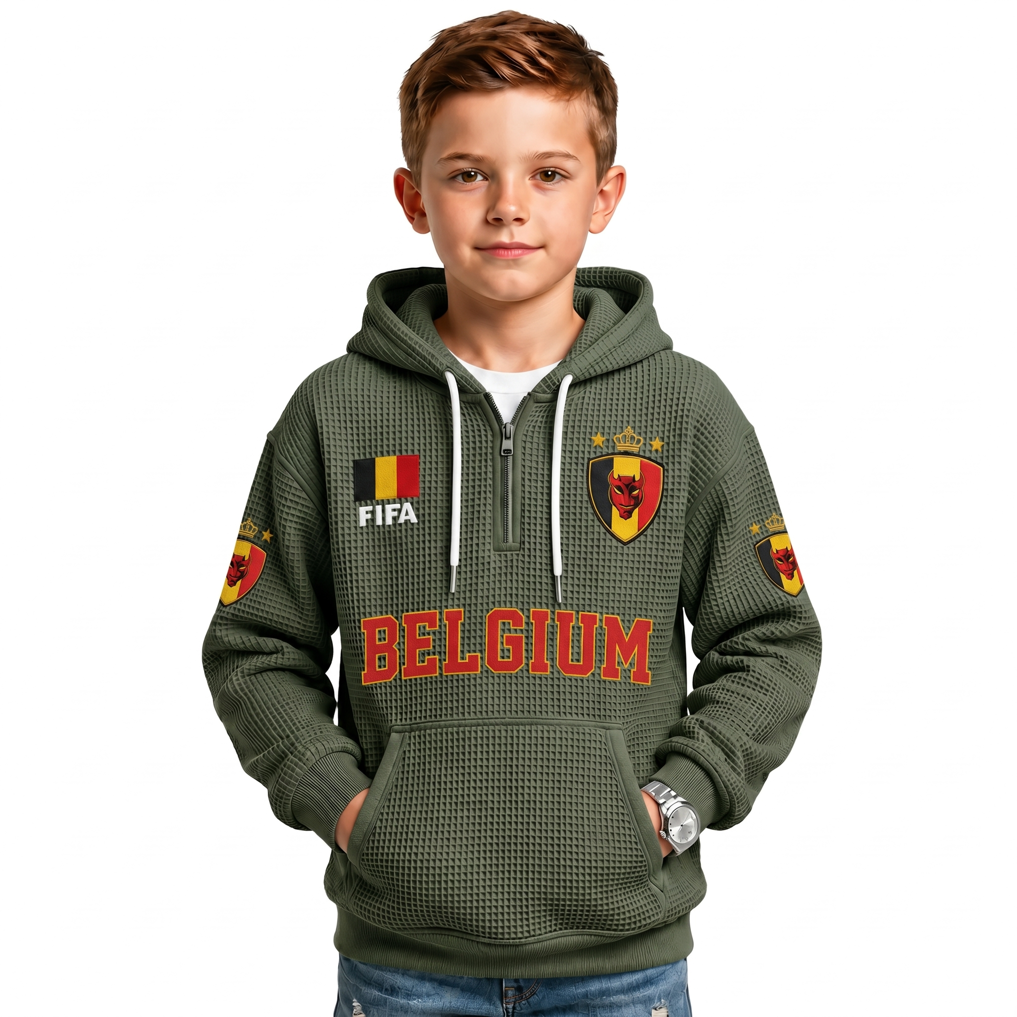 FIFA 2026 Belgium Printed Waffle Quarter Zip Football Fan Hoodie For Kids